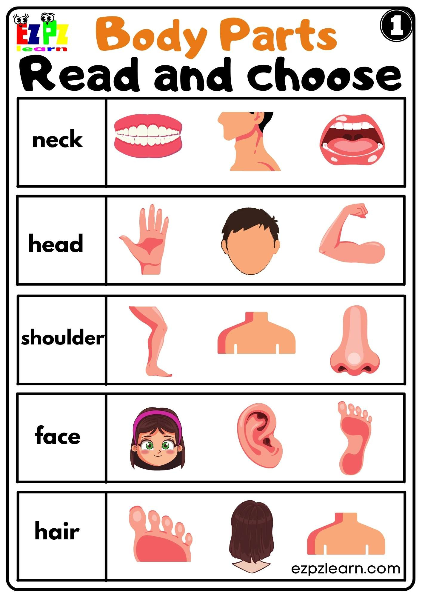 Body Parts Read And Choose Worksheets For Kids And Esl Pdf inside Free Printable Body Parts Worksheets For Preschool