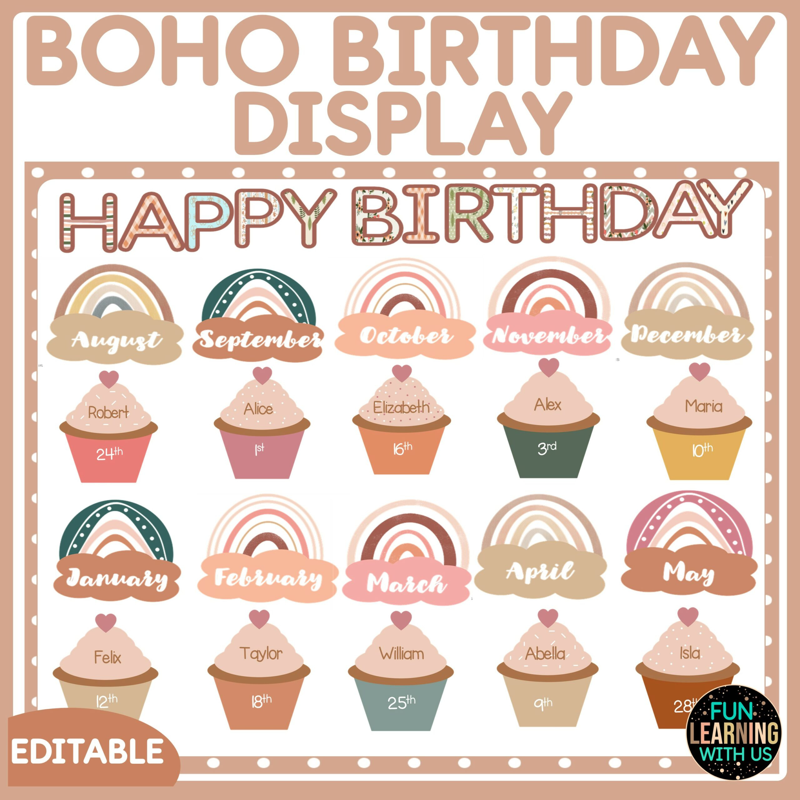 Boho Editable Rainbow Birthday Bulletin Board Display | Made for FREE Printable Birthday Bulletin Board Ideas