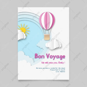 Bon Voyage Pink Hot Air Balloon And Sun Paper Cut Style Farewell regarding Free Printable Bon Voyage Cards