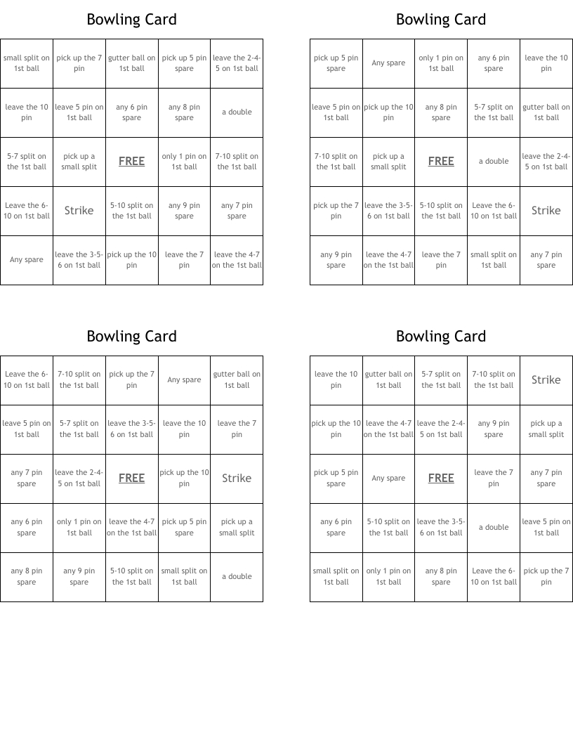Bowling Card Bingo Cards - Wordmint in Free Printable Bowling Bingo Cards
