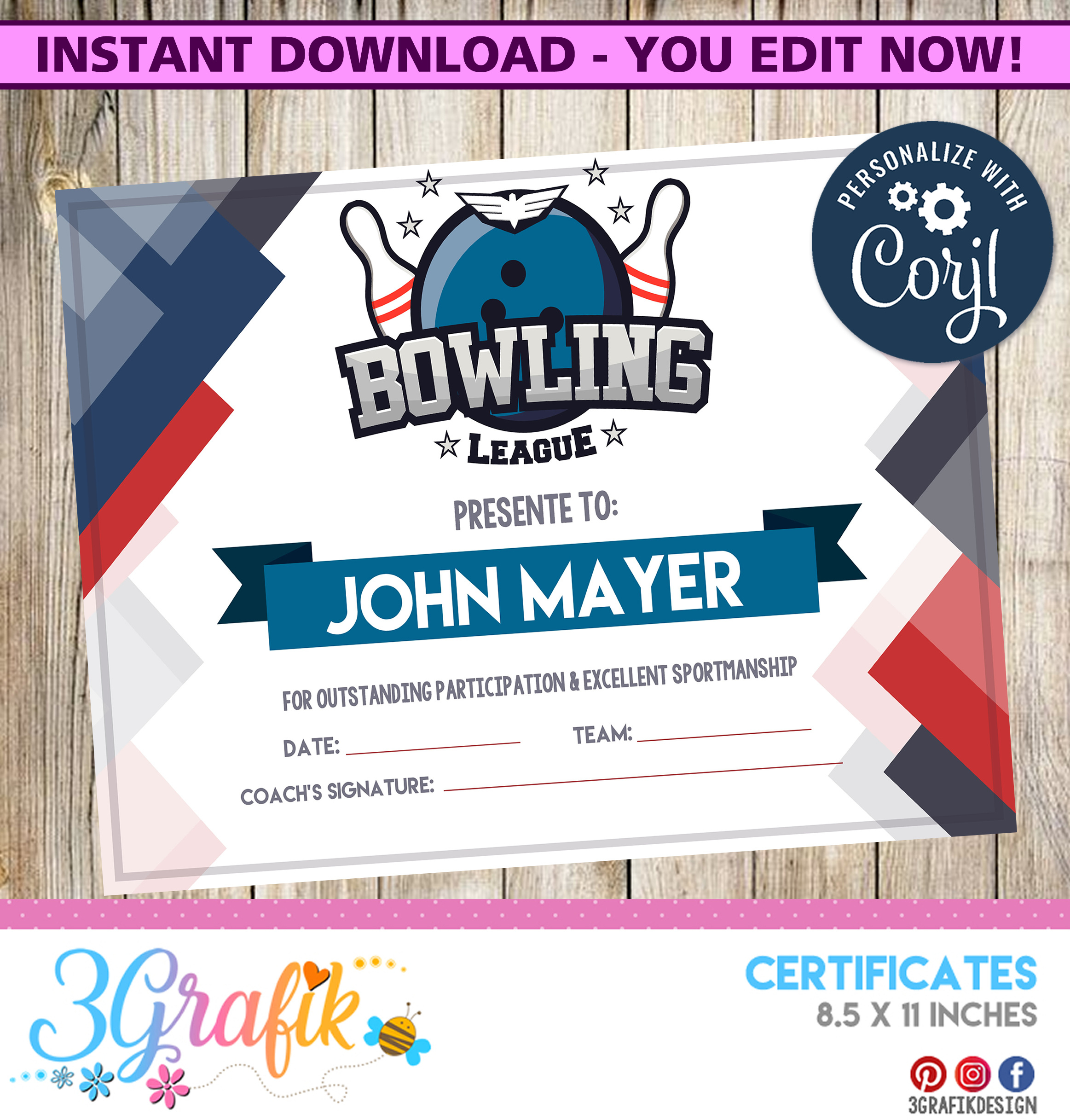 Bowling Digital Template Certificate regarding Free Printable Bowling Awards Certificates