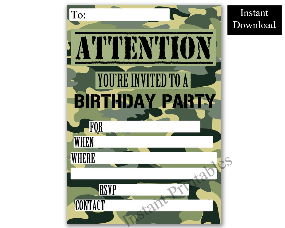 Boys Birthday Invite Printable Birthday Invite Blank Fill In throughout FREE Printable Army Birthday Invitations