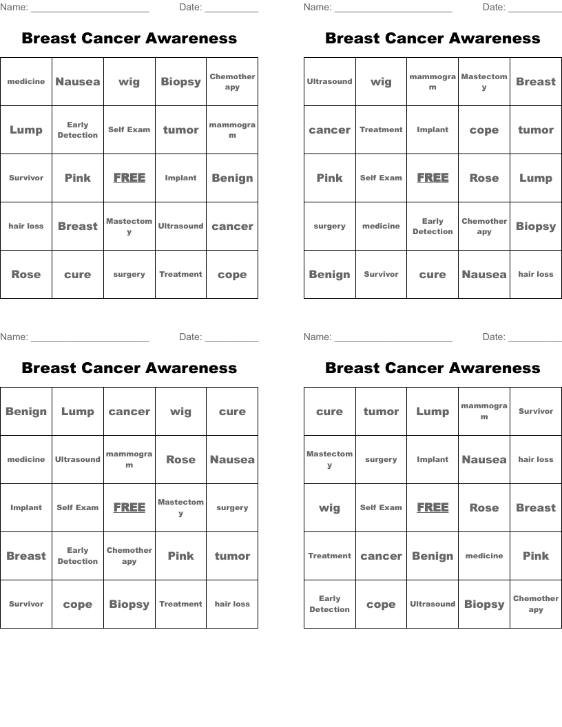 Breast Cancer Awareness Bingo Cards - Wordmint intended for Free Printable Breast Cancer Bingo Cards