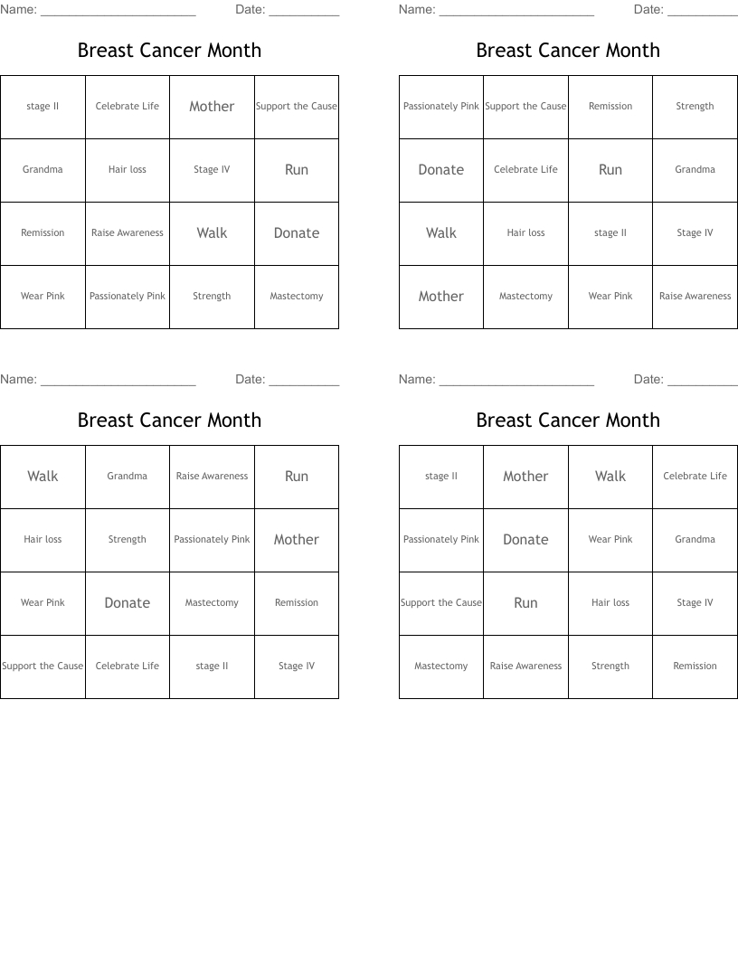 Breast Cancer Month Bingo Cards - Wordmint with regard to FREE Printable Breast Cancer Bingo Cards
