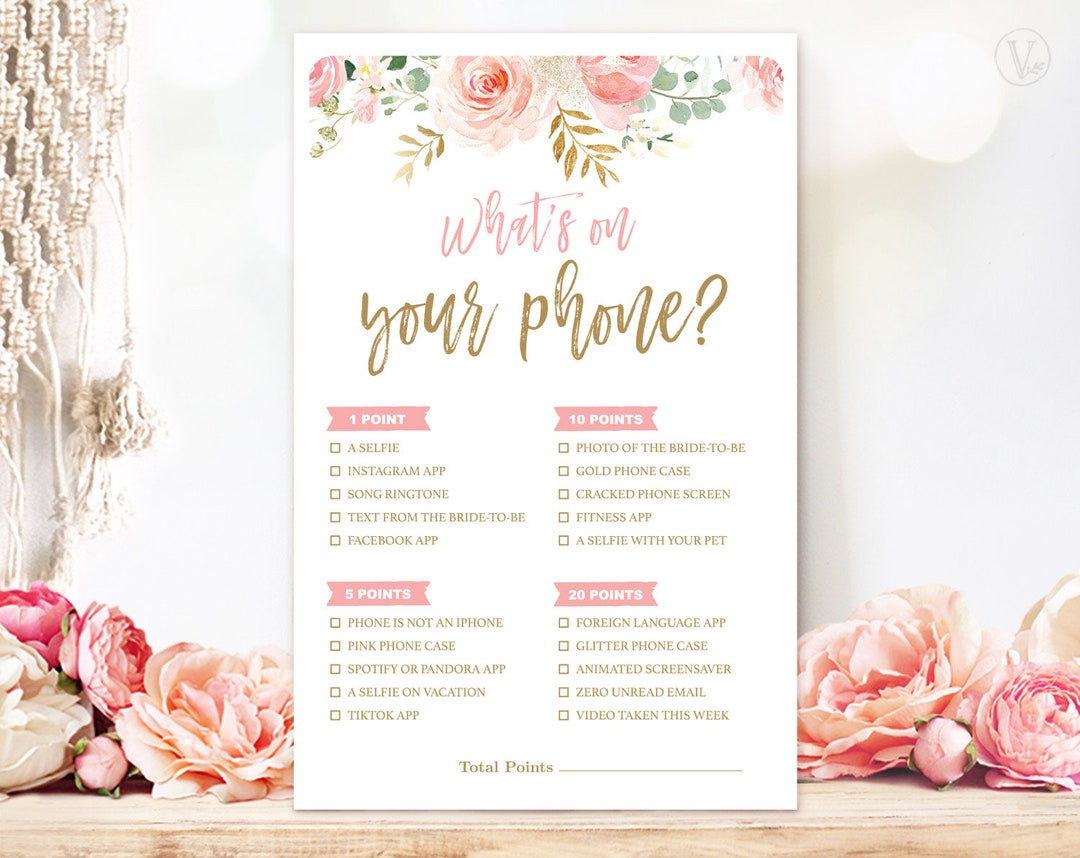 Bridal Shower Game, What&amp;#039;S On Your Phone, Printable Bridal Party Games, Bridal Shower Games, Blush Pink Floral, Vwc95 - Etsy.de throughout Free Printable Bridal Shower Games What&amp;#039;S In Your Phone