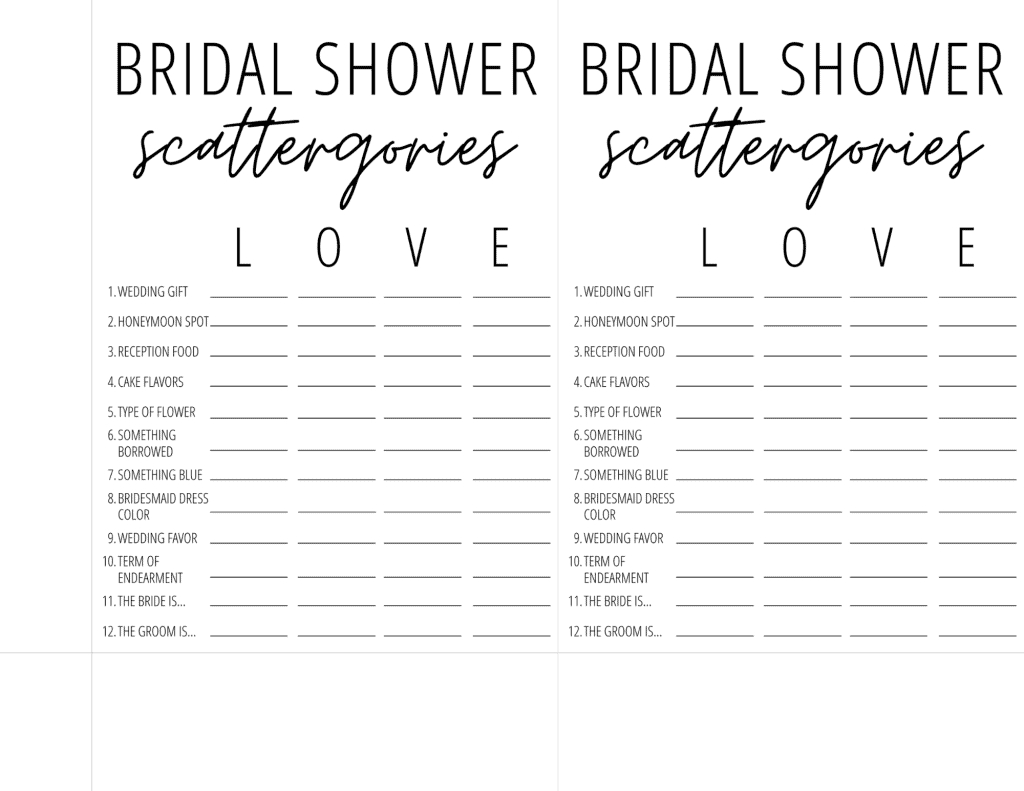 Bridal Shower Scattergories Free Printable | Modern Moh pertaining to FREE Printable Bridal Shower Scattergories Game