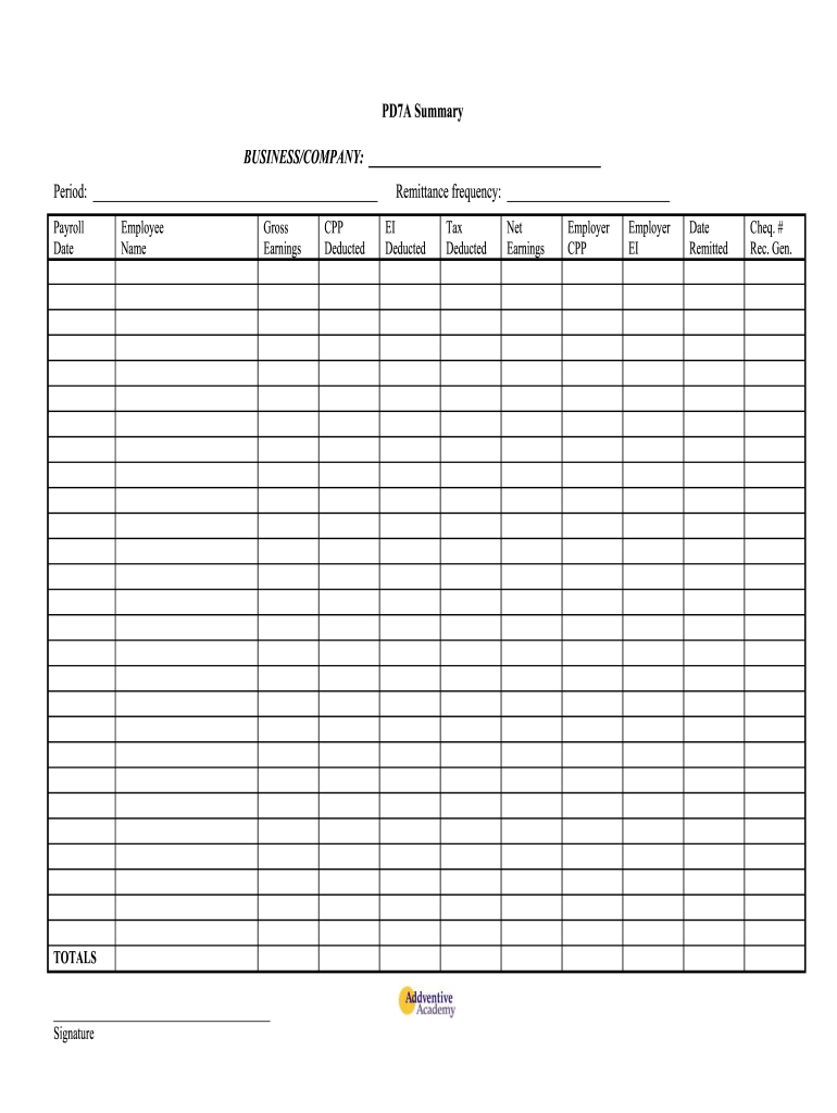 Canada Addventive Academy Pd7A Summary Form - Fill Online with regard to Free Printable Blank Spreadsheet Templates