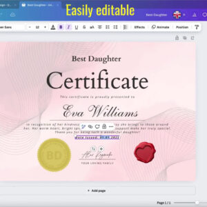 Custom Best Daughter Certificate – Personalized Printable Gift, Thoughtful  Keepsake For Daughter, Birthday Or Special Occasion Gift for FREE Printable Best Daughter Certificate