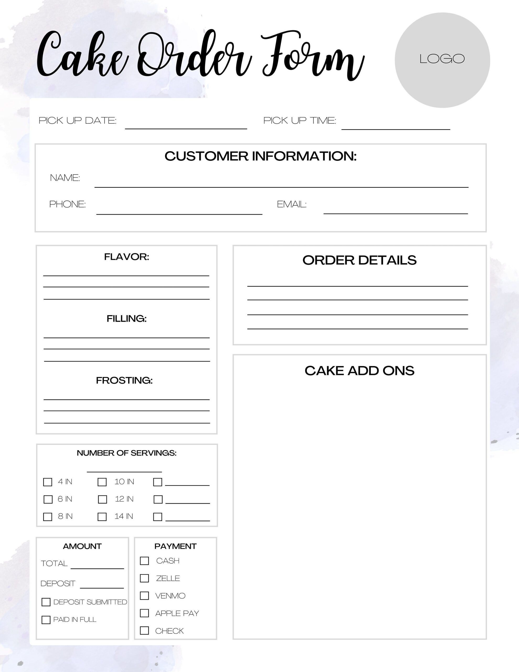 Customizable Cake Order Form, Order Form Template, Printable Order for Free Printable Bakery Order Forms