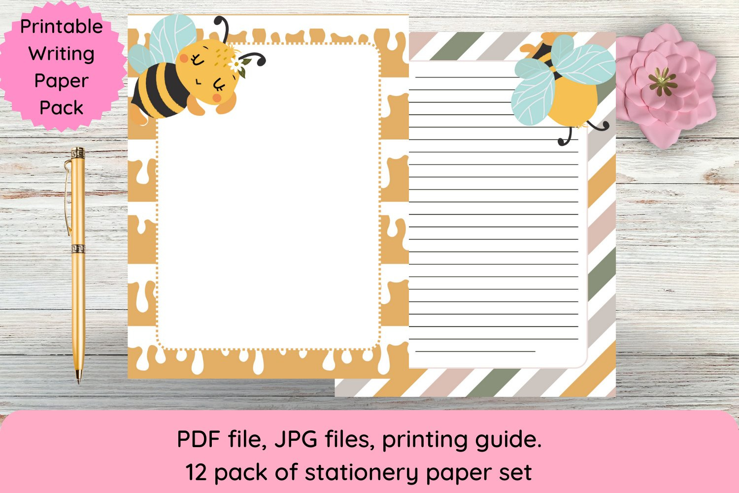 Cute Printable Bee Stationery Paper Pack/Writing Paper Set in FREE Printable Bee Writing Paper