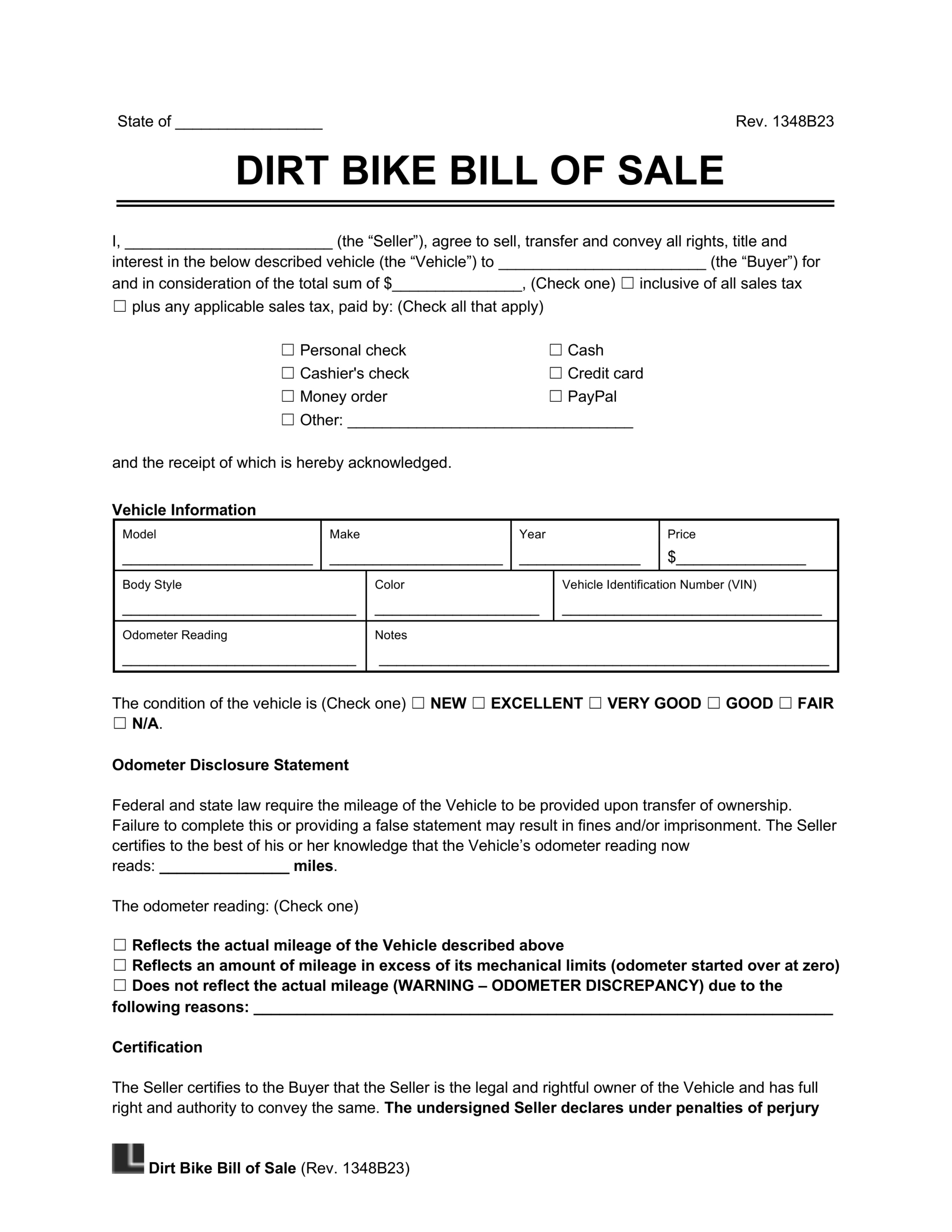 Dirt Bike Bill Of Sale Form | Legal Templates with FREE Printable Bill of Sale For Dirt Bike