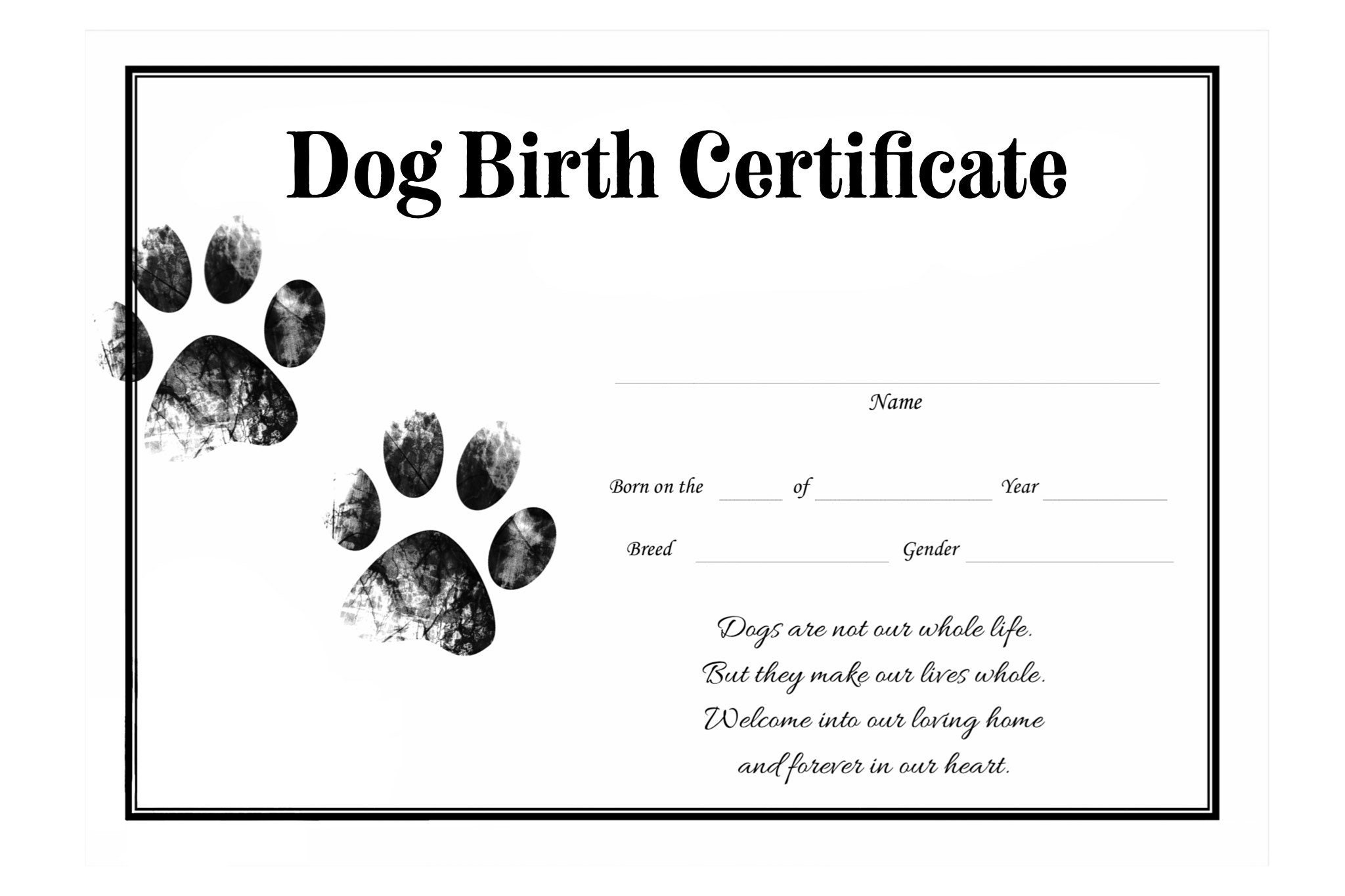 Dog Birth Certificate For Girl Or Boy Puppy Gender Neutral in Free Printable Birth Certificates For Puppies
