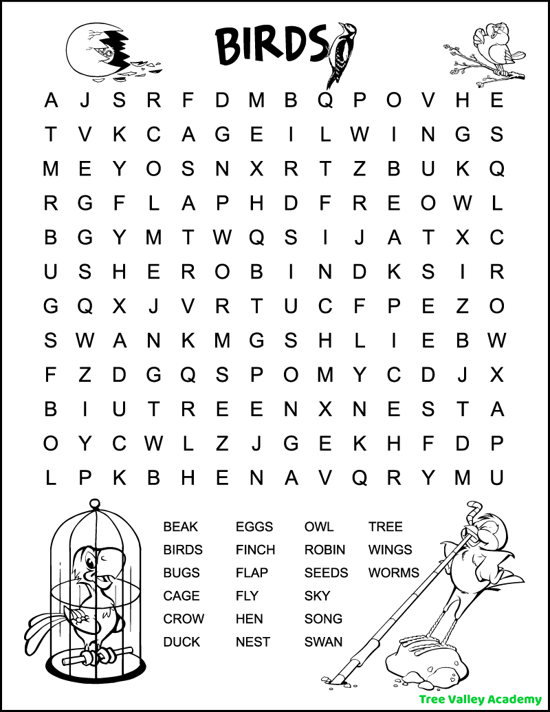 Easy Bird Word Search - Tree Valley Academy pertaining to FREE Printable Bird Word Search