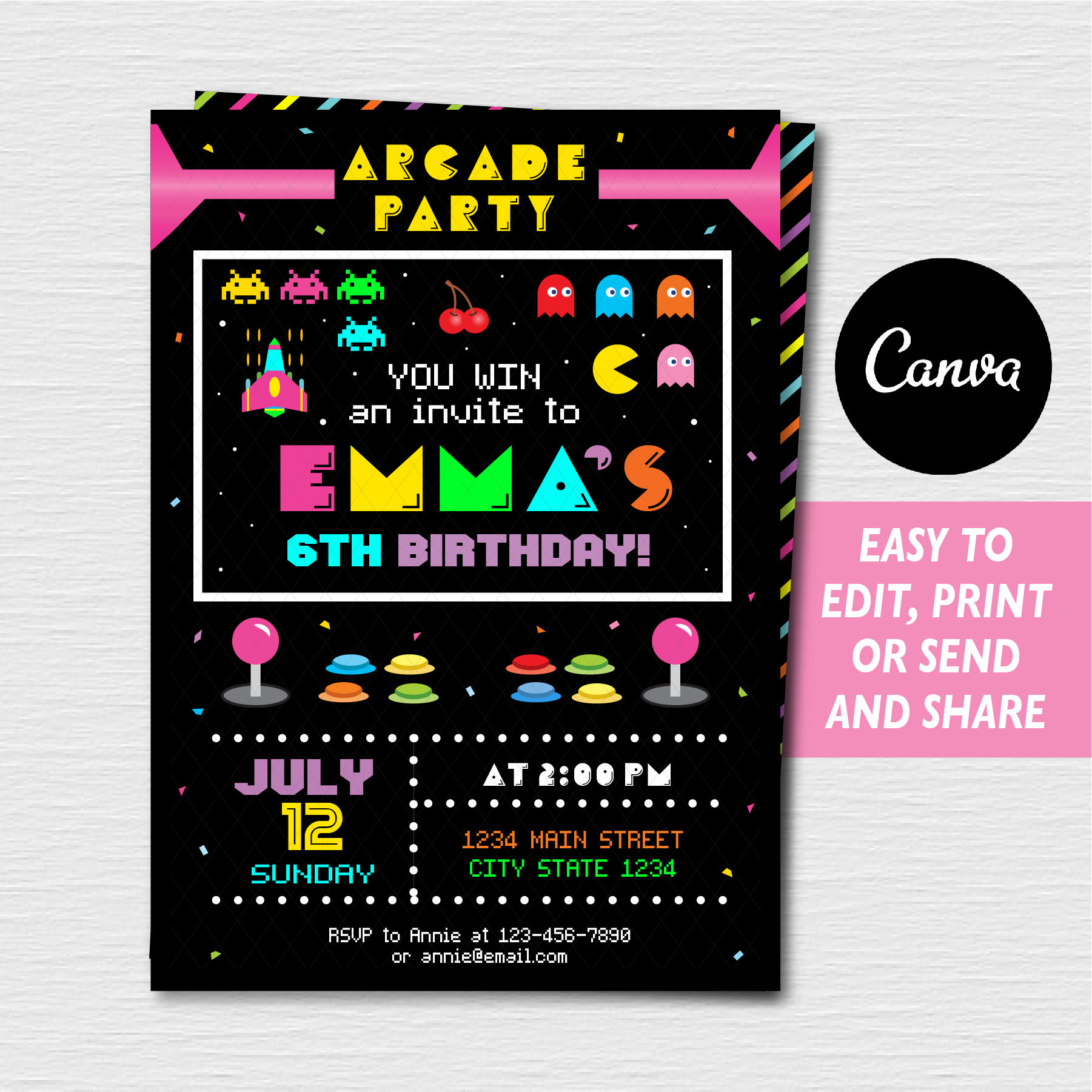 Editable, Arcade Birthday Invitation, Video Game Party, Girls for FREE Printable Arcade Birthday Invitations