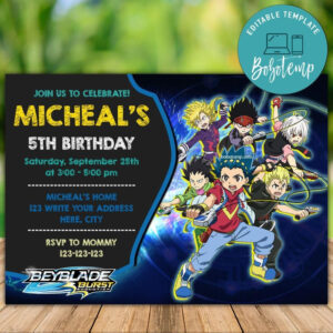 Editable Beyblade Burst Birthday Party Invitation Digital File within Free Printable Beyblade Birthday Cards