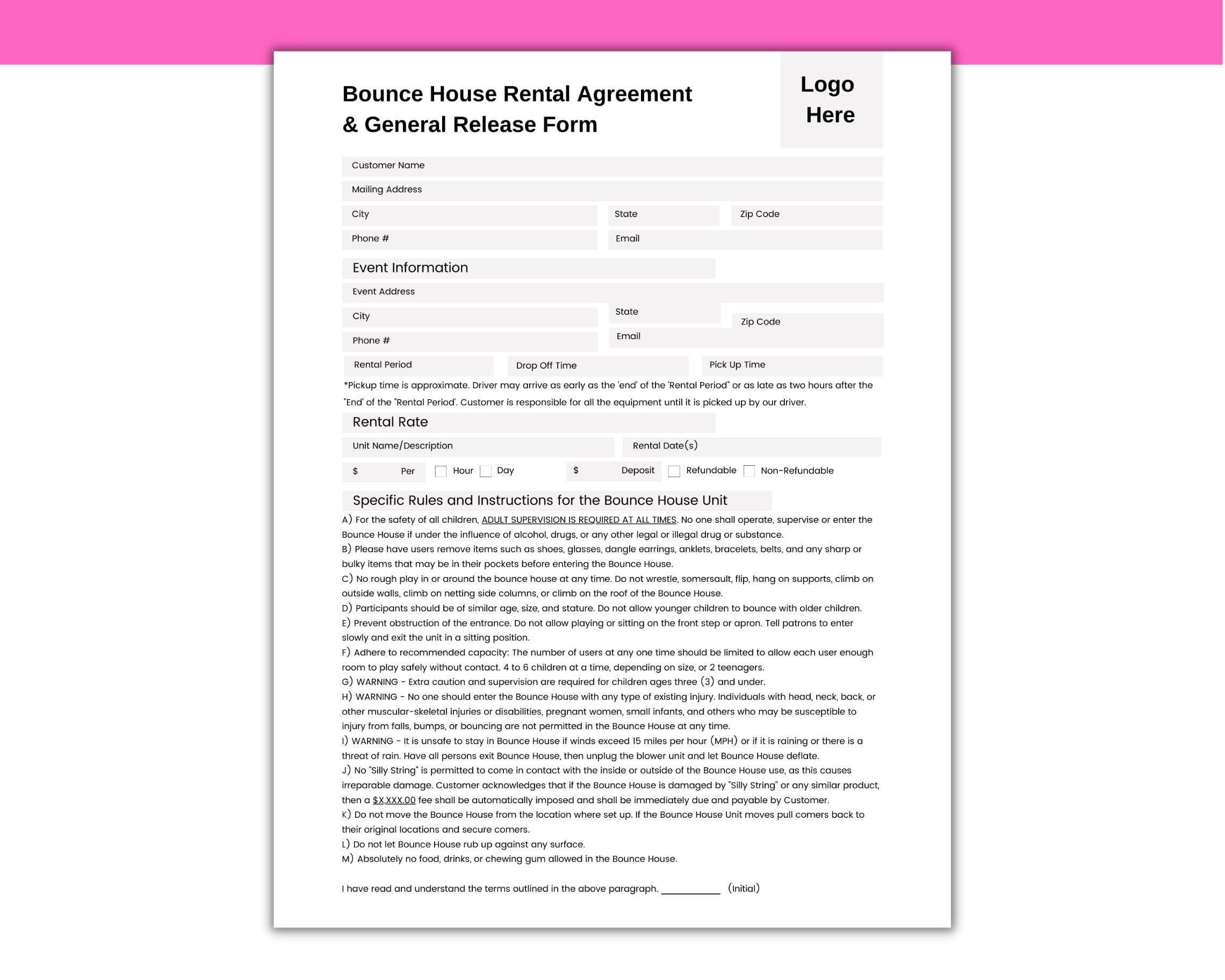 Editable Bounce House Rental Agreement And General Liability inside Free Printable Bounce House Rental Agreement