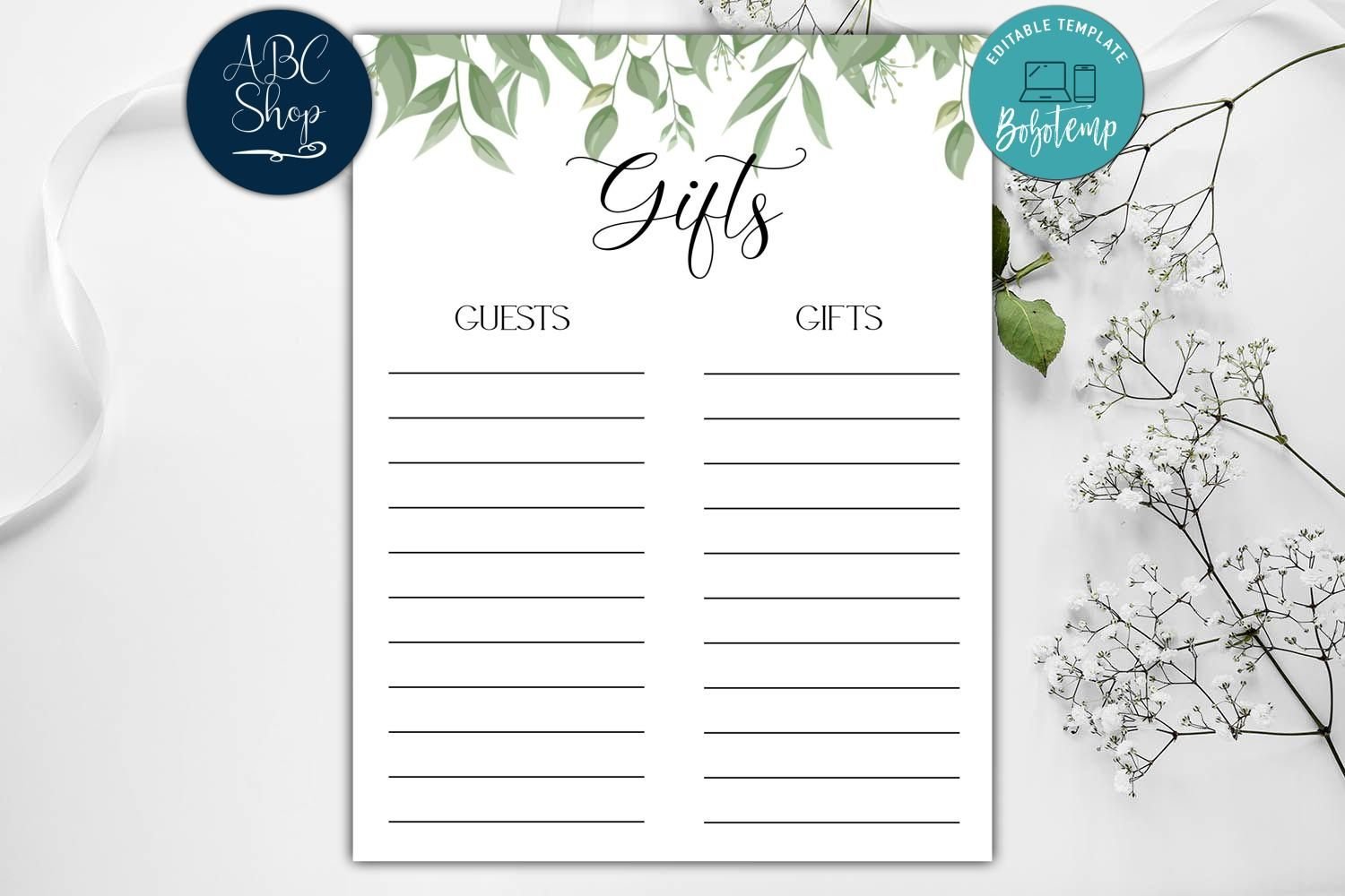 Editable Greenery Gift List Bridal Shower Gift List Diy | Bobotemp throughout FREE Printable Bridal Shower Gift List