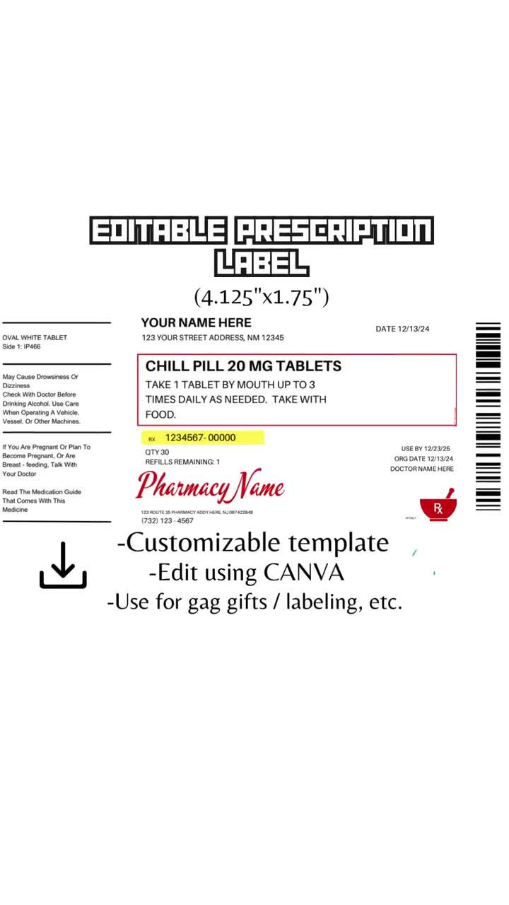 Editable Prescription Label, Prescription Label Template, Editable Pharmacy Label, Printable Medicine Label, Canva for Free Printable Blank Walgreens Prescription Label Template