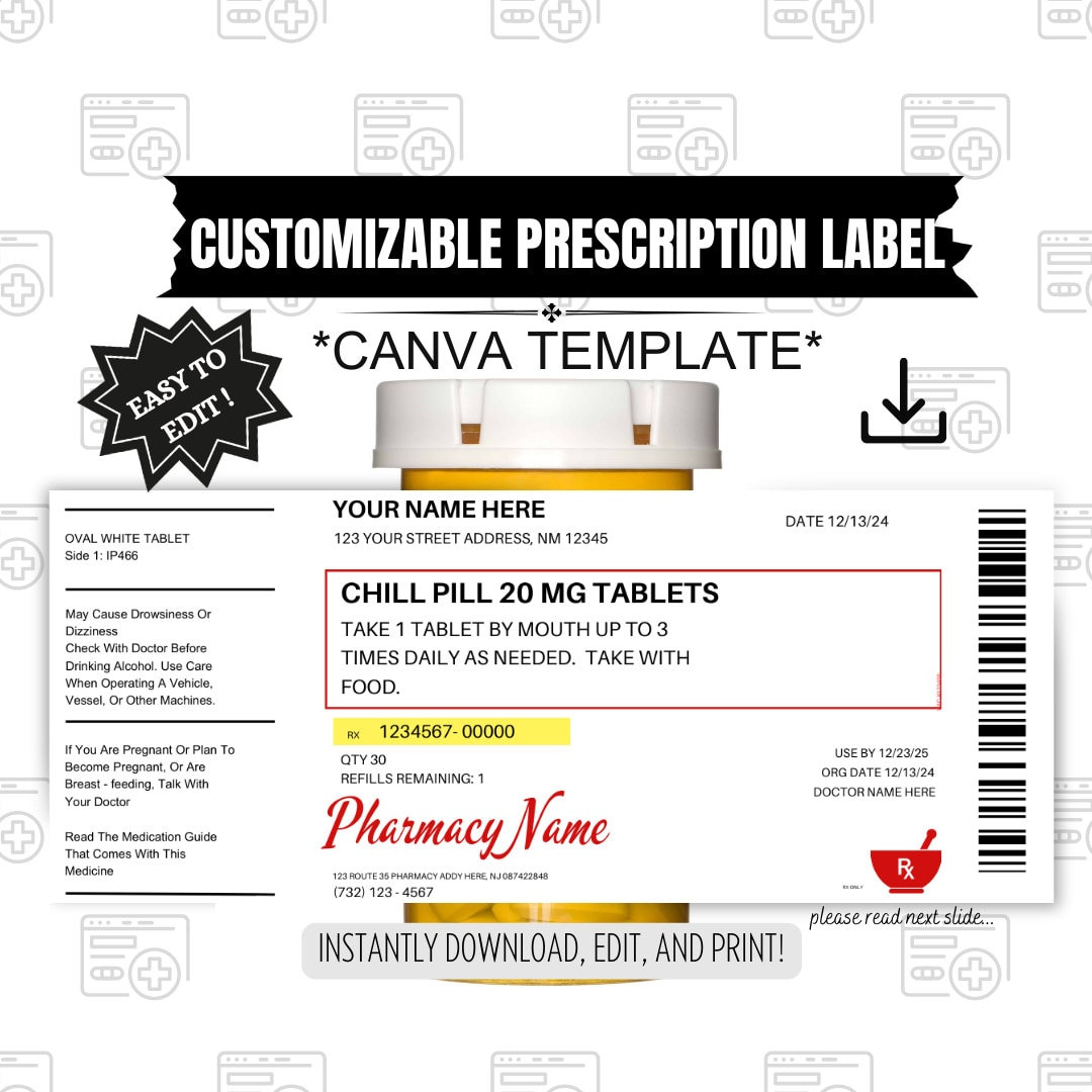 Editable Prescription Label, Prescription Label Template, Editable within Free Printable Blank Walgreens Prescription Label Template