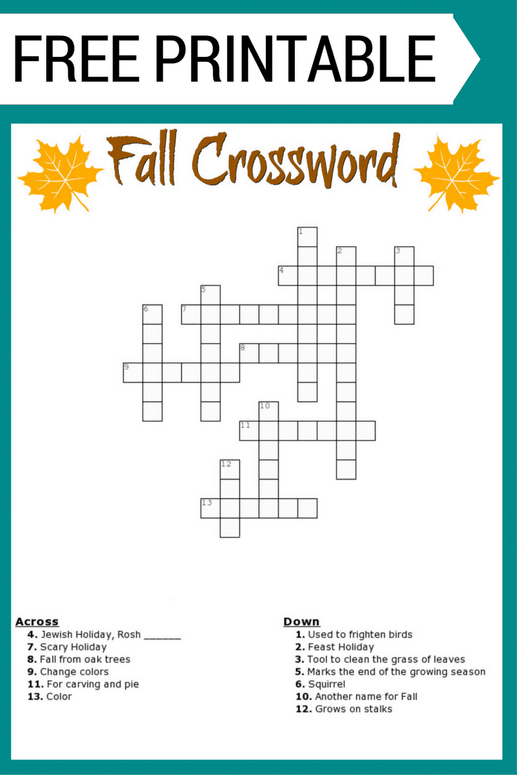 Fall Crossword Puzzle Free Printable Worksheet intended for FREE Printable Autumn Crossword Puzzle For Adults
