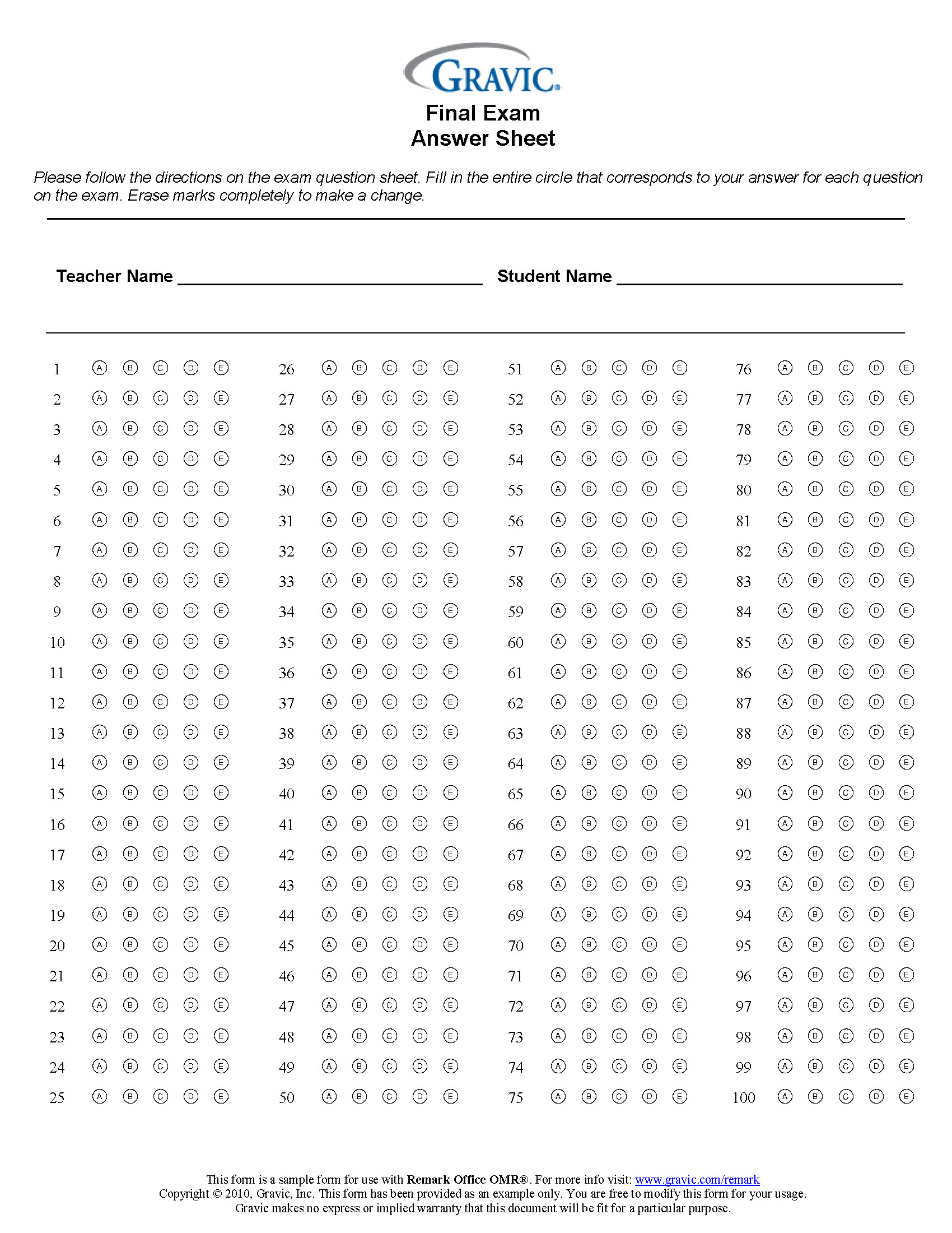 Final Exam 100 Question Test Answer Sheet · Remark Software intended for Free Printable Bubble Answer Sheets