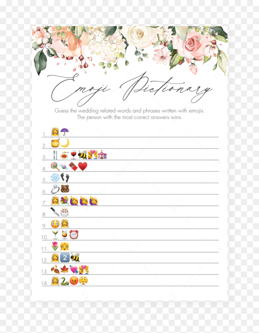 Floral Bridal Shower Emoji Pictionary Game Printable - Bridal inside Free Printable Bridal Emoji Pictionary