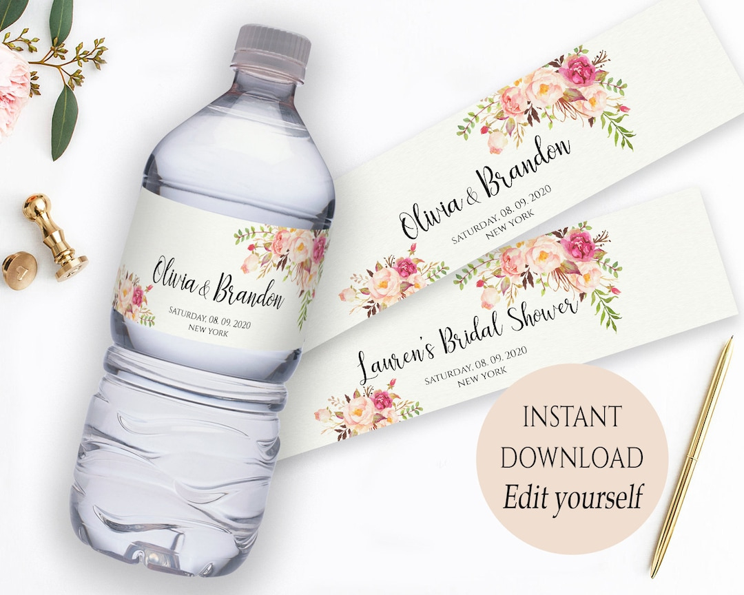Floral Wedding Water Bottle Label Template: Editable (Instant inside Free Printable Bridal Shower Water Bottle Labels