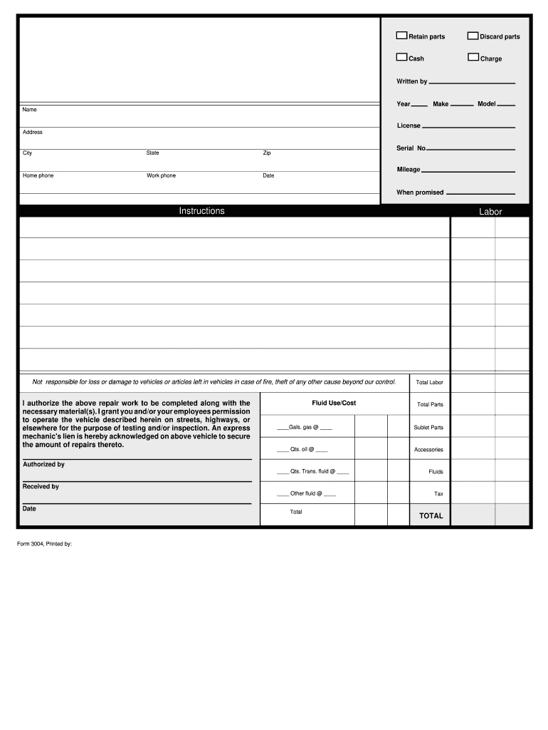 Forms Online 3004 - Fill Online, Printable, Fillable, Blank within FREE Printable Auto Repair Order Forms