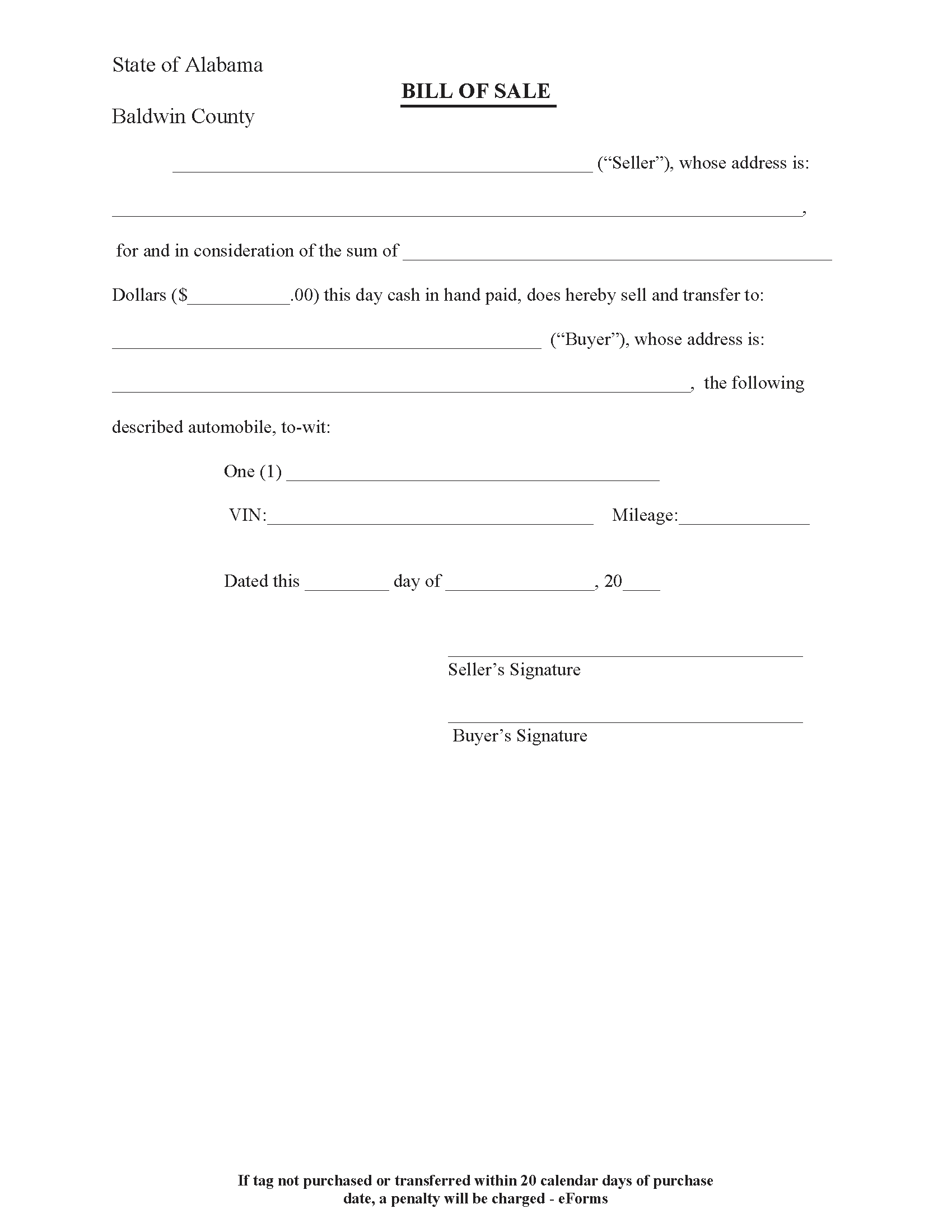 Free Alabama Vehicle Bill Of Sale Form - Pdf | Word – Eforms inside Free Printable Bill Of Sale Alabama