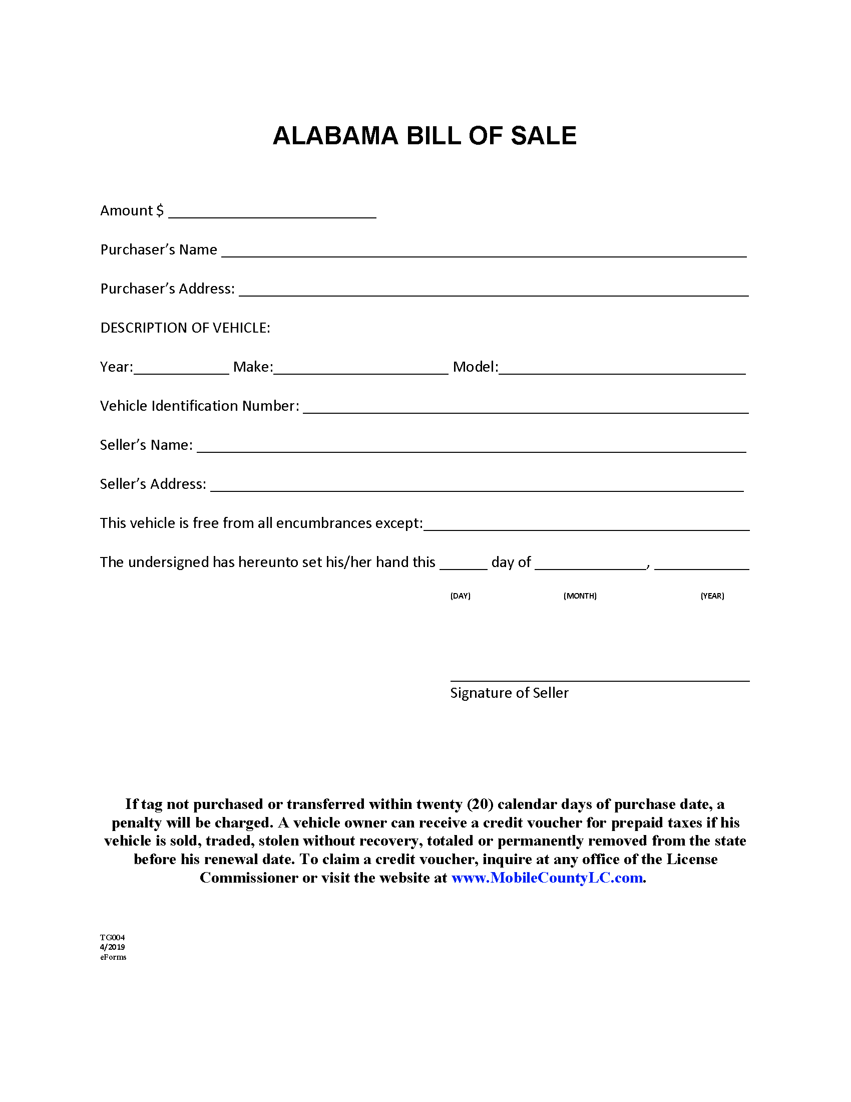 Free Alabama Vehicle Bill Of Sale Form - Pdf | Word – Eforms with FREE Printable Bill of Sale For Vehicle In Alabama