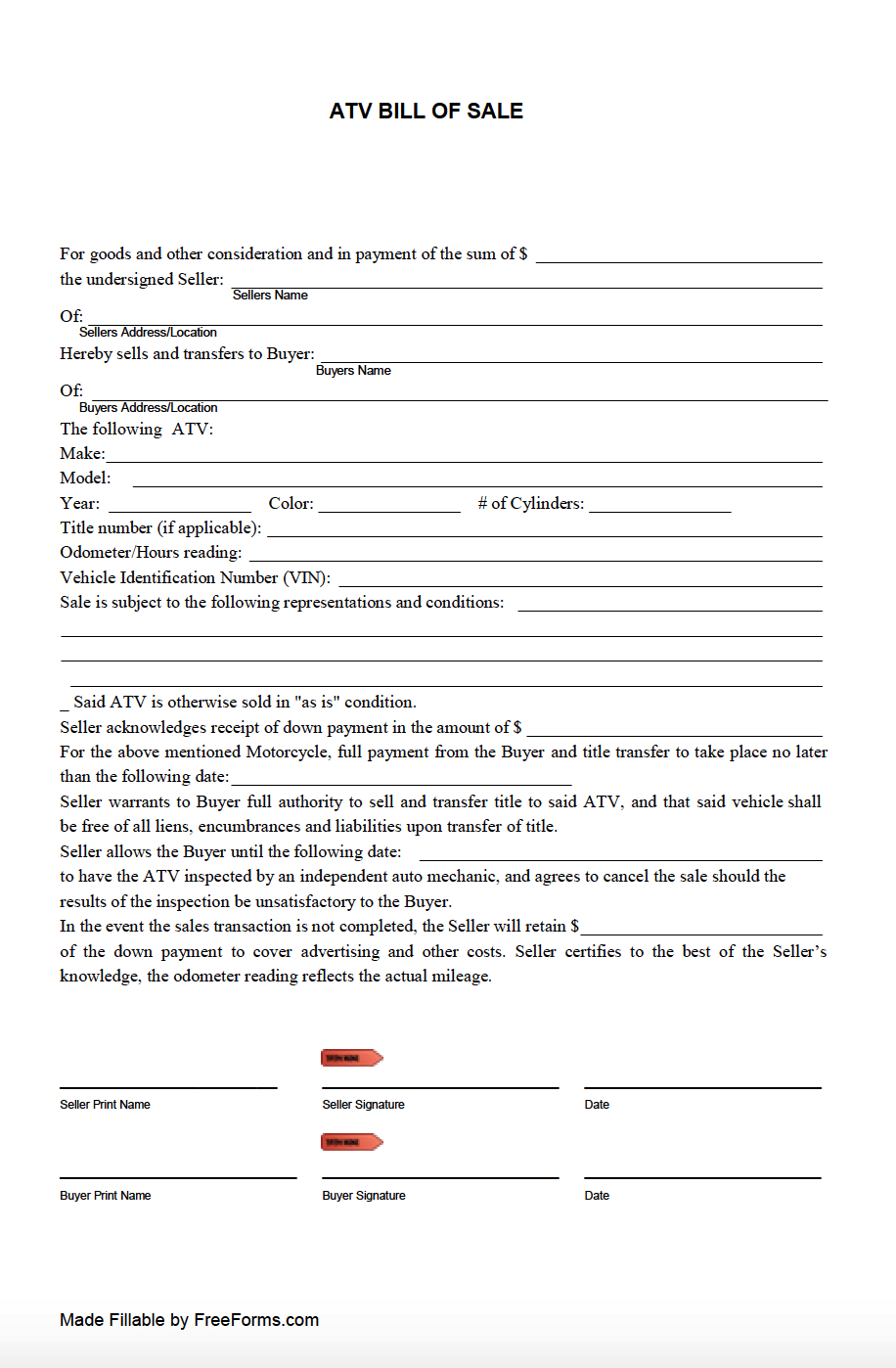 Free All-Terrain Vehicle (Atv) Bill Of Sale Form | Pdf throughout FREE Printable Bill of Sale For Utv