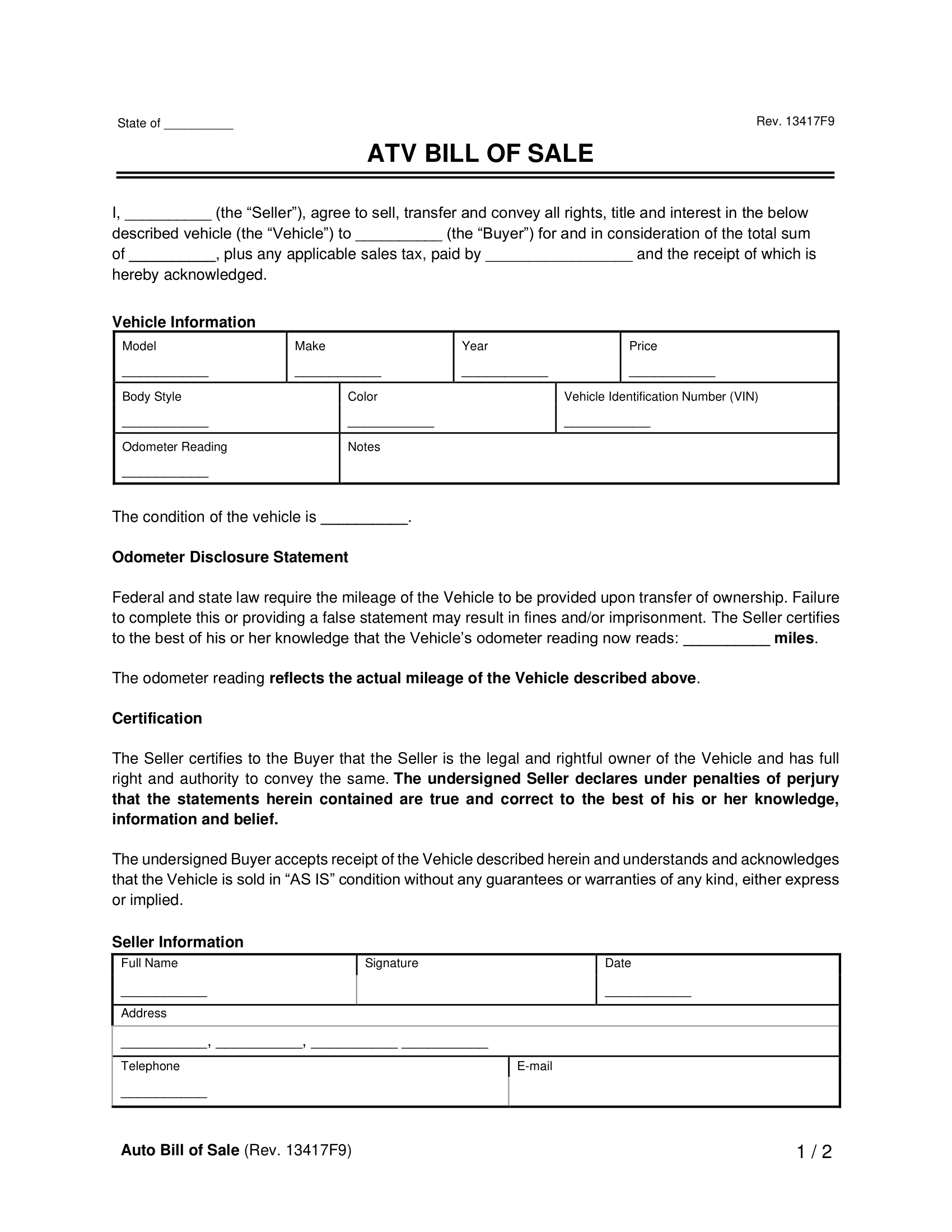 Free All-Terrain Vehicle (Atv) Bill Of Sale Form| Pdf &amp;amp; Word inside FREE Printable Atv Bill of Sale