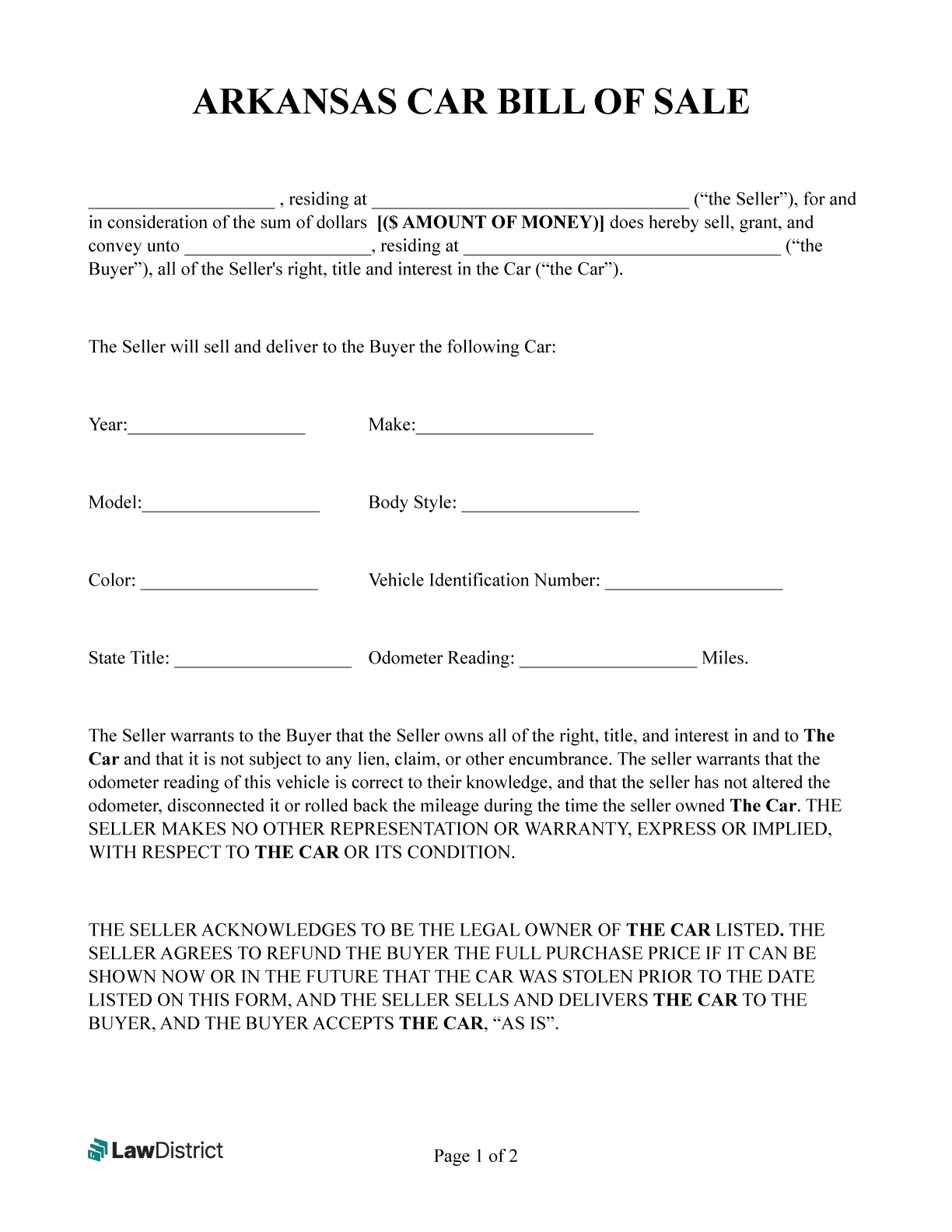 Free Arkansas Bill Of Sale | Pdf &amp;amp; Word | Lawdistrict for Free Printable Bill Of Sale Arkansas