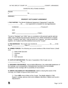 Free Arkansas Marital Settlement (Divorce) Agreement - Pdf | Word in FREE Printable Arkansas Divorce Papers