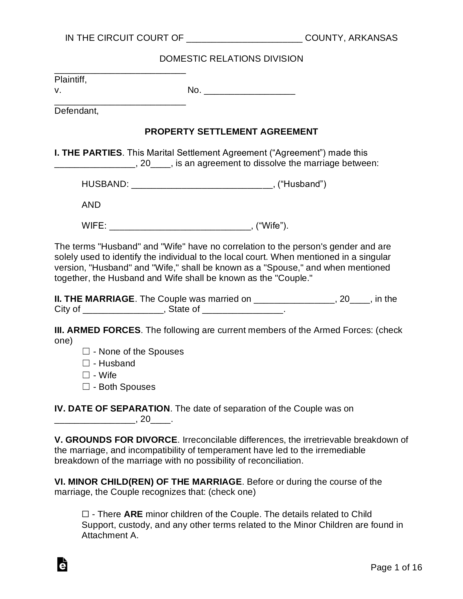 Free Arkansas Marital Settlement (Divorce) Agreement - Pdf | Word in FREE Printable Arkansas Divorce Papers