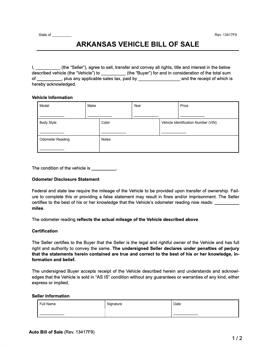 Free Arkansas Vehicle Bill Of Sale Template | Pdf &amp;amp; Word throughout Free Printable Bill Of Sale Arkansas