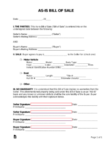 Free As-Is (No Warranty) Bill Of Sale Template - Pdf | Word – Eforms in FREE Printable Bill of Sale As Is No Warranty