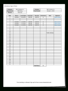 Free Attendance Sheet Template - Breeze Clock in Free Printable Attendance Sheets For Employees