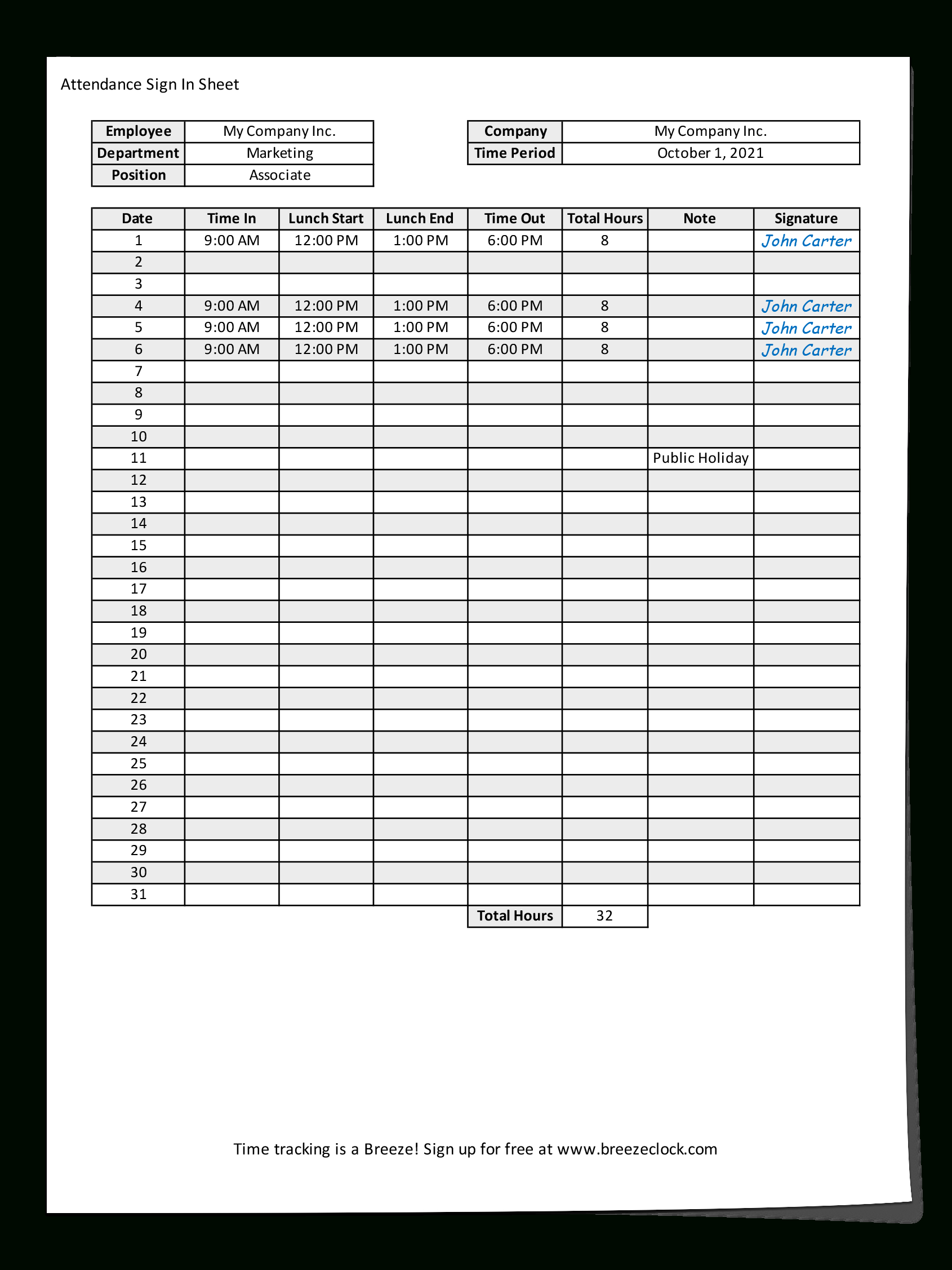 Free Attendance Sheet Template - Breeze Clock in Free Printable Attendance Sheets For Employees