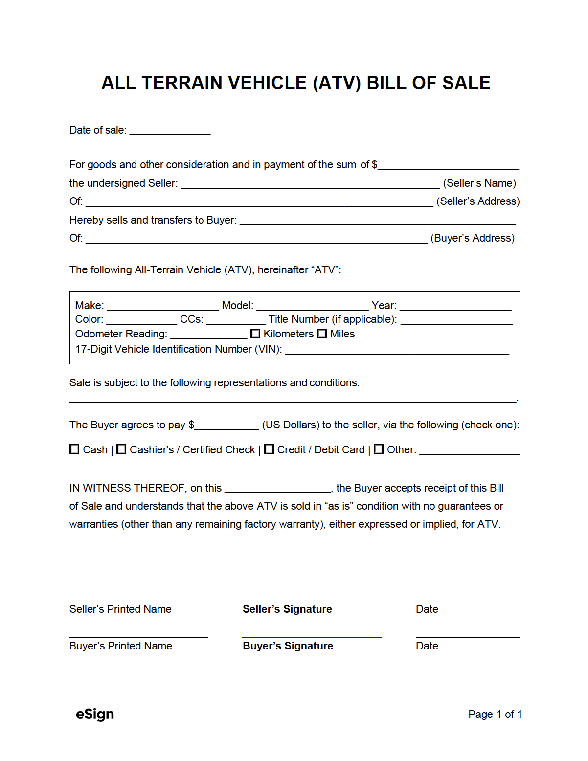 Free Atv Bill Of Sale Form | Pdf | Word pertaining to Free Printable Bill Of Sale For Atv