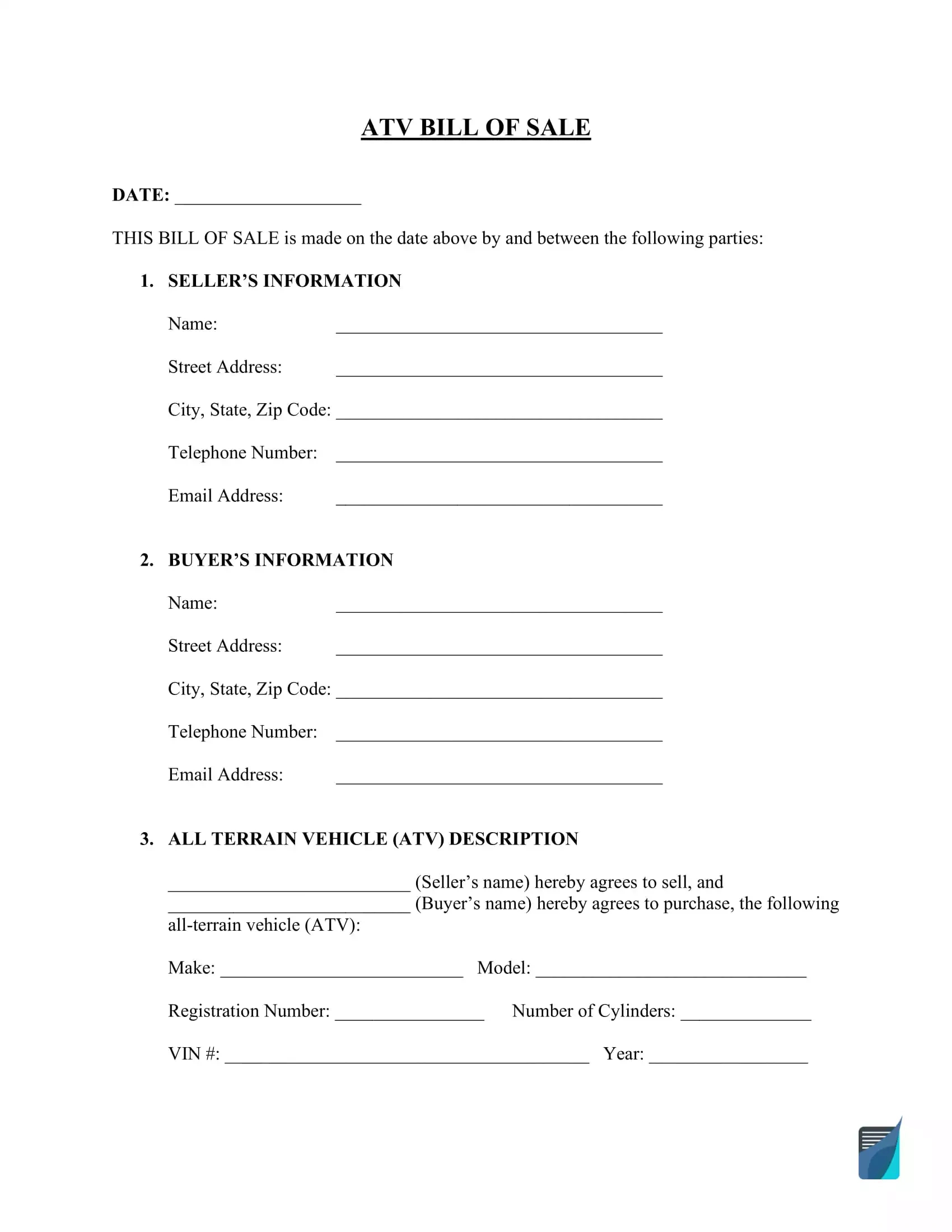 Free Atv (Four-Wheeler) Bill Of Sale Form | Formspal intended for Free Printable Atv Bill Of Sale
