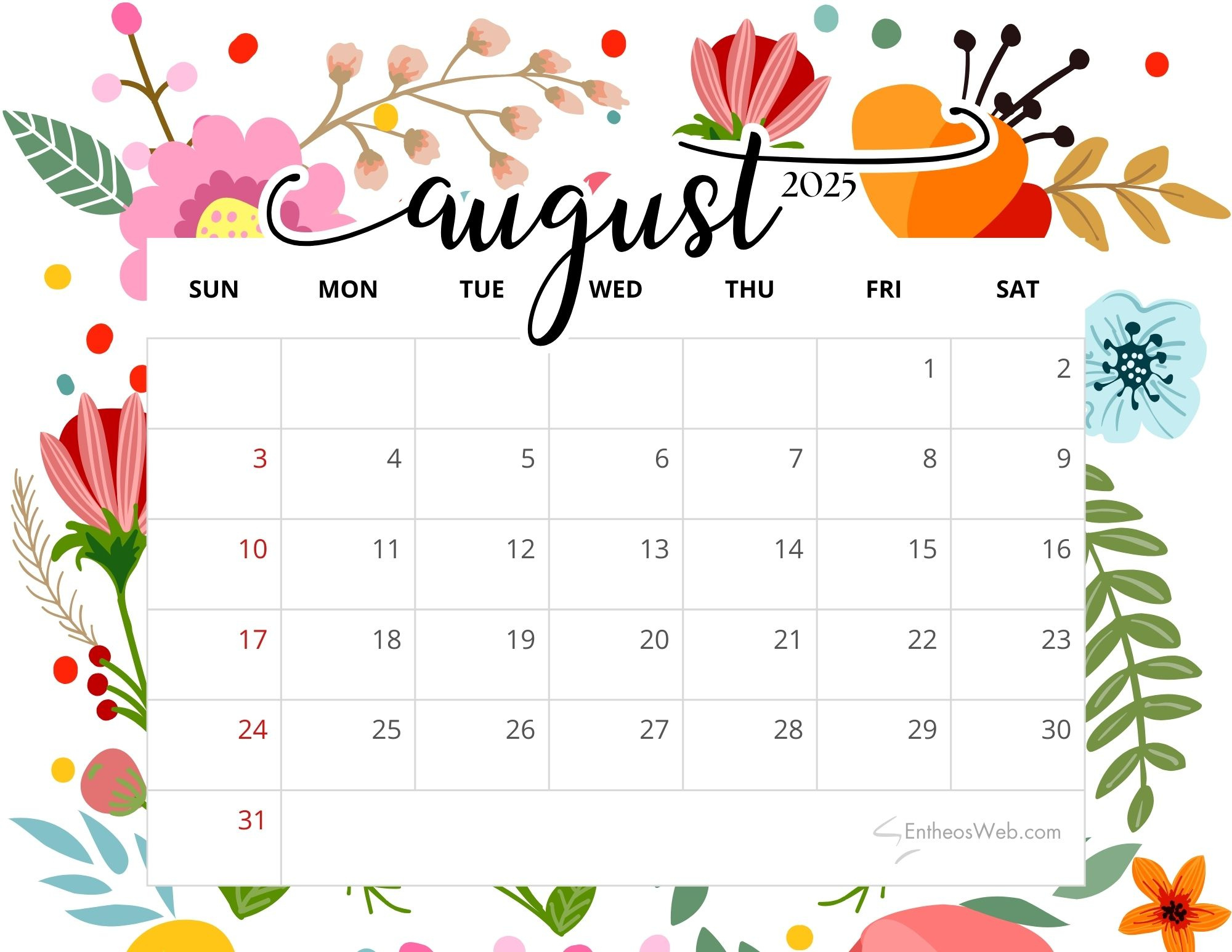 Free August 2025 Printable Calendars | Entheosweb with Free Printable August Calendar 2025