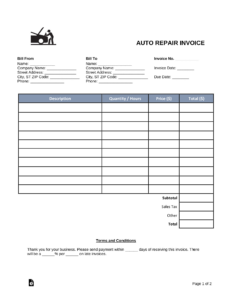 Free Auto Body (Mechanic) Invoice Template - Pdf | Word – Eforms with Free Printable Auto Repair Invoice