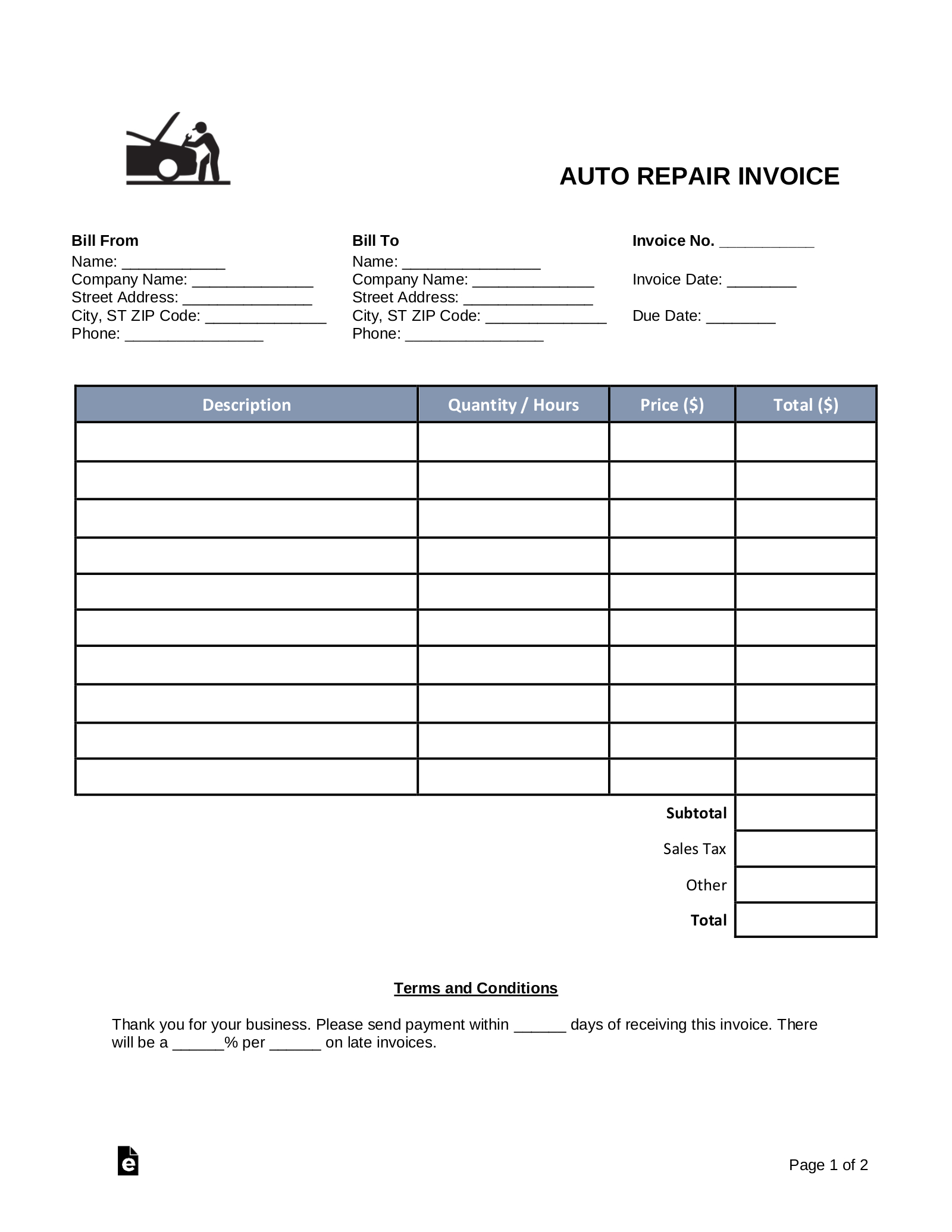 Free Auto Body (Mechanic) Invoice Template - Pdf | Word – Eforms with Free Printable Auto Repair Invoice