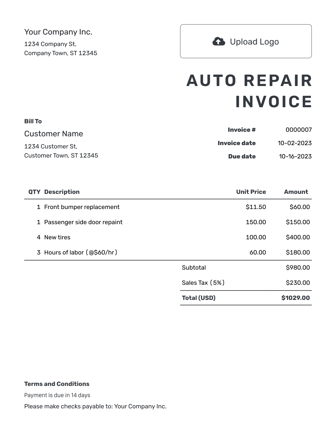 Free Auto Repair Invoice Template | Docelf in Free Printable Auto Repair Invoice