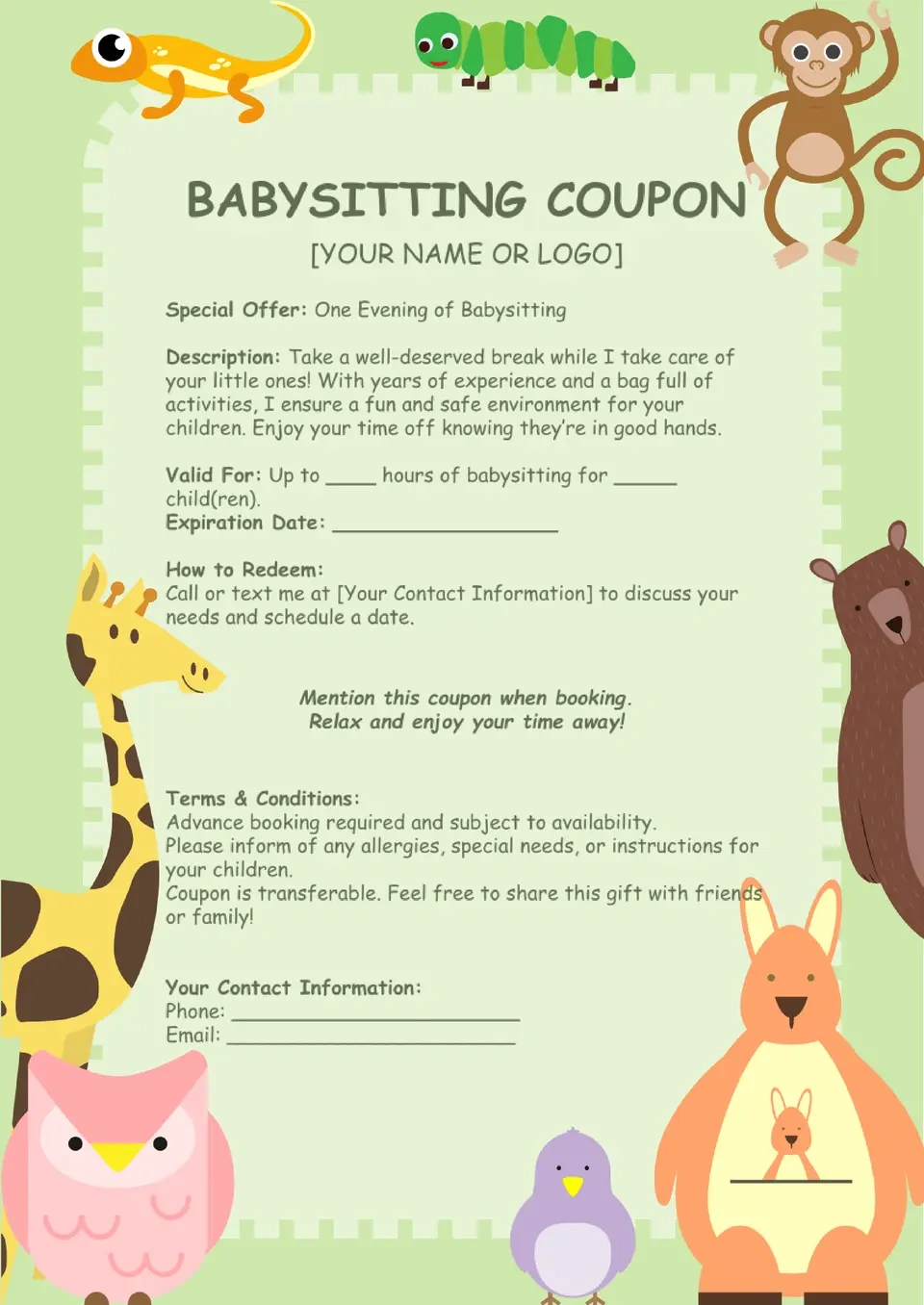 Free Babysitting Coupon Template For Google Docs with regard to Free Printable Babysitting Gift Certificate