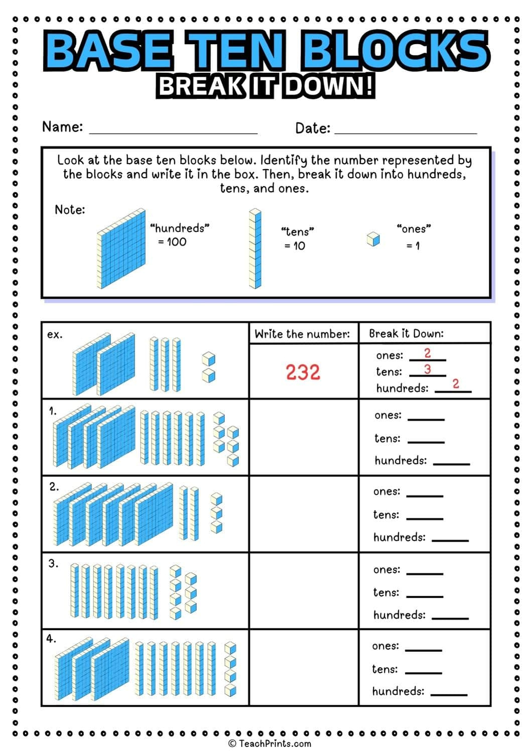 Free Base Ten Blocks Worksheets - Teach Prints with regard to FREE Printable Base 10 Blocks Worksheets