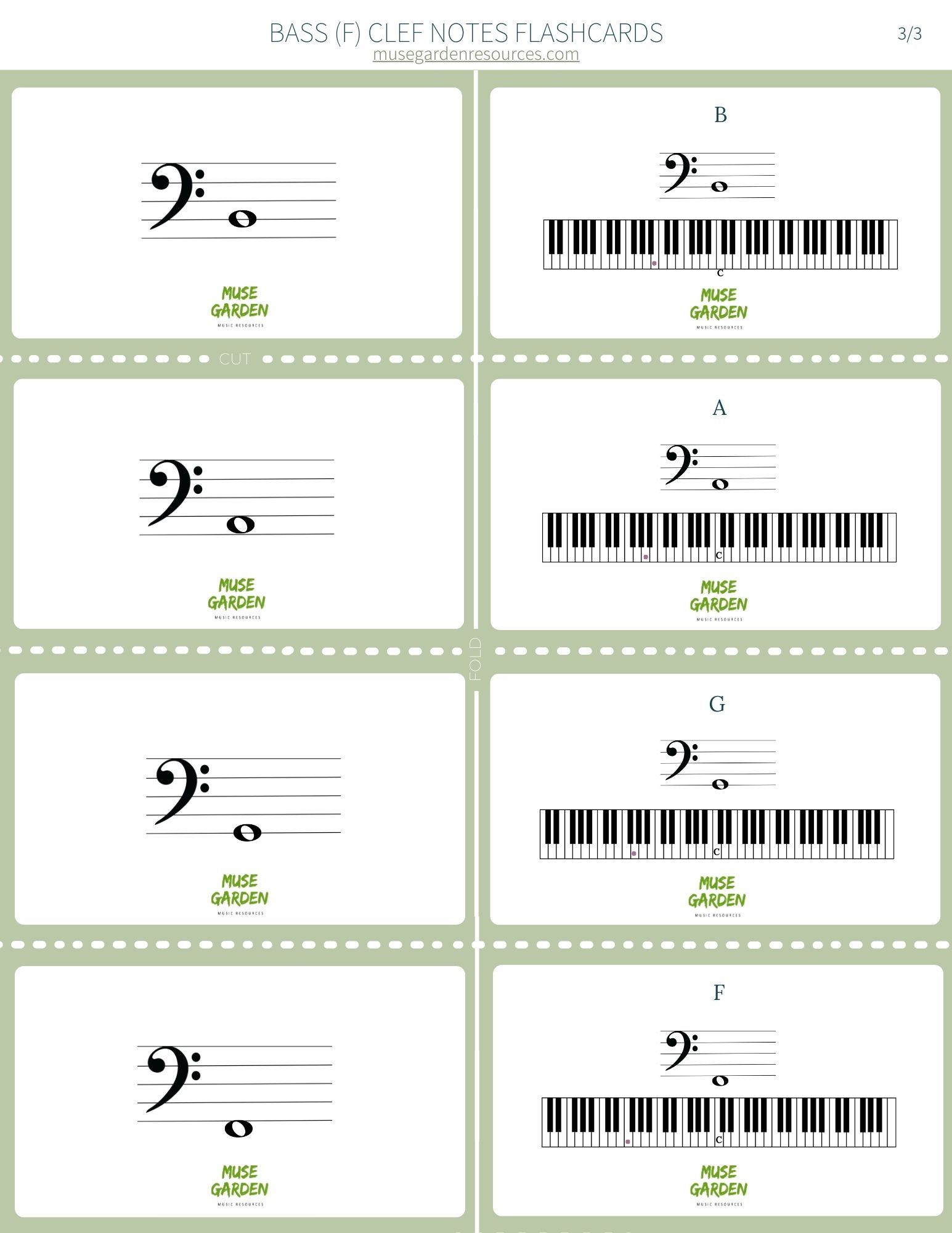 Free Bass Clef Note Reading Flashcards - Muse Garden Resources in Free Printable Bass Clef Notes