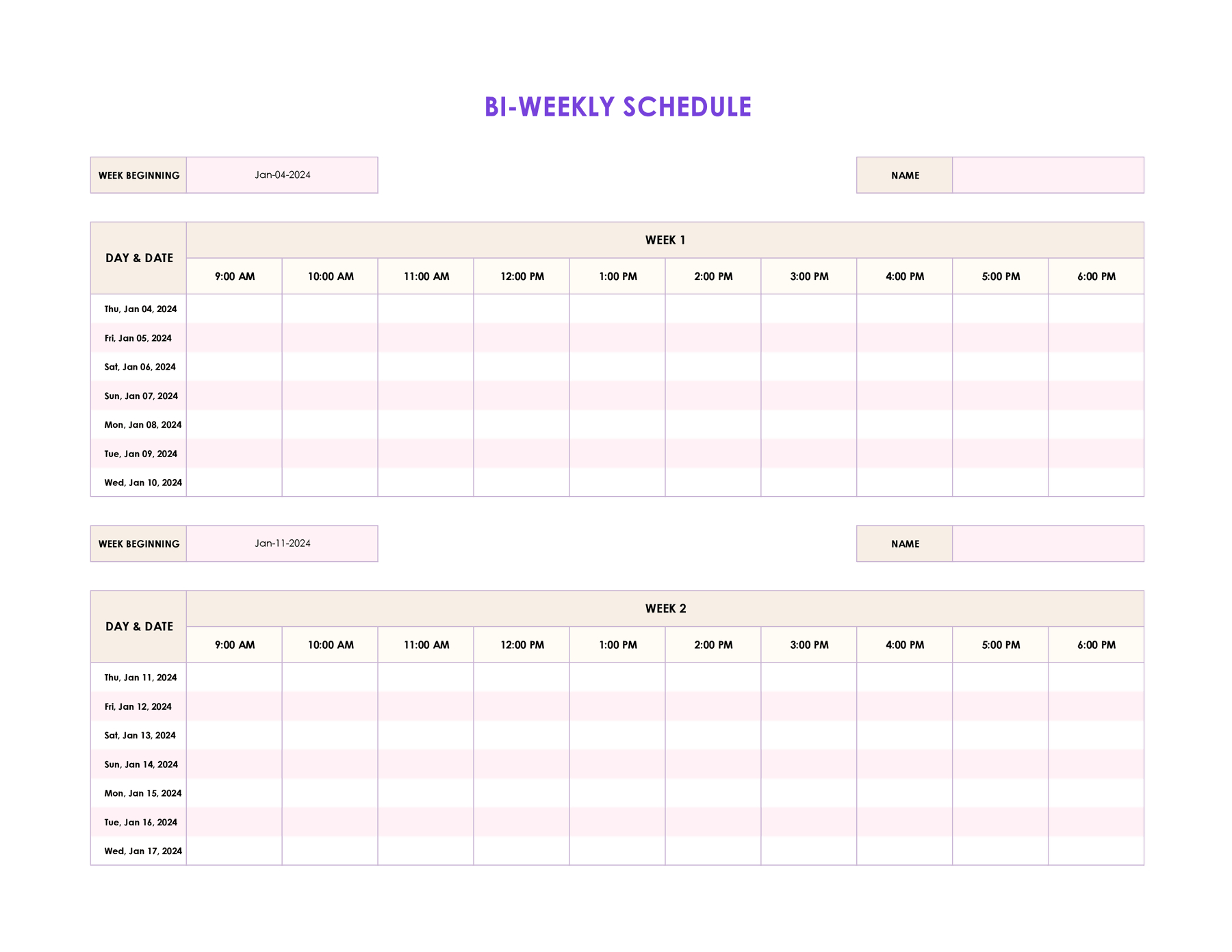 Free Bi-Weekly Schedule Template For Excel with regard to FREE Printable Bi Weekly Calendar