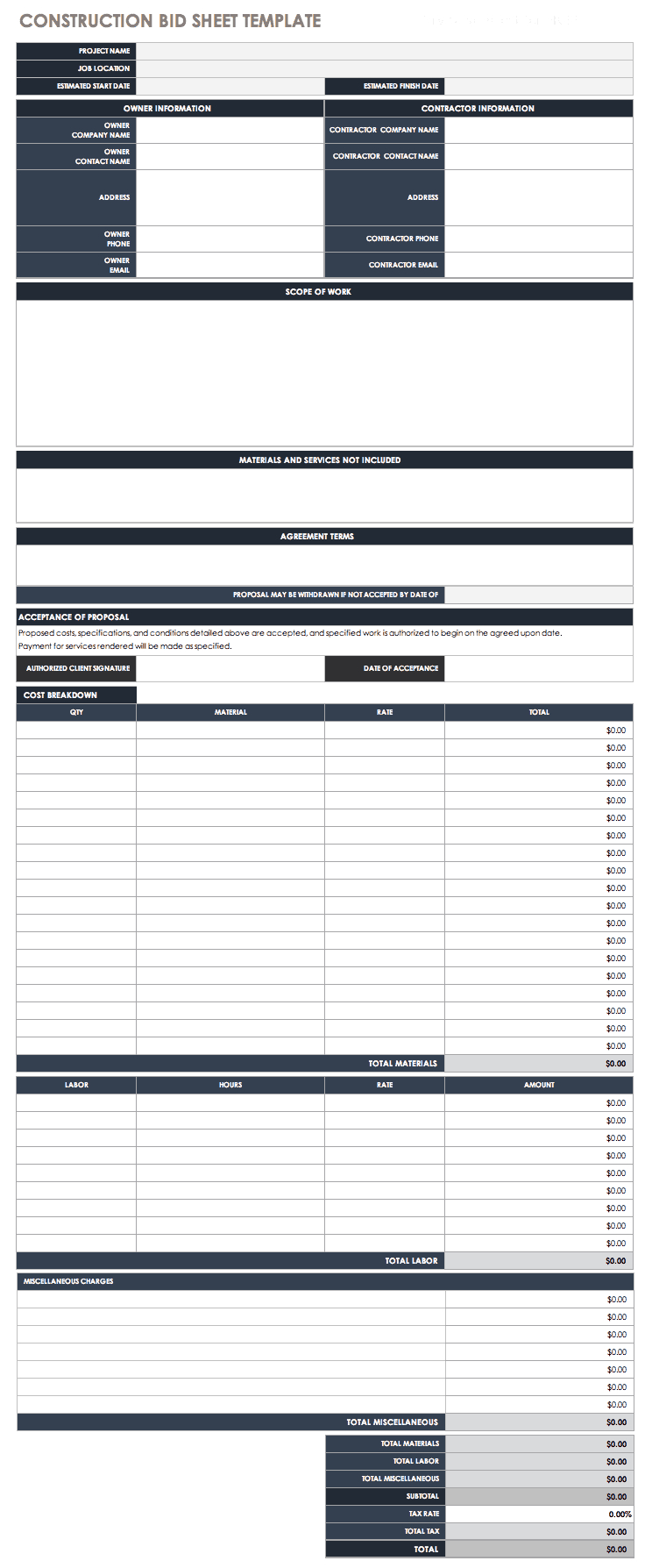 Free Bid Proposal Templates | Smartsheet within Free Printable Bid Proposal Forms